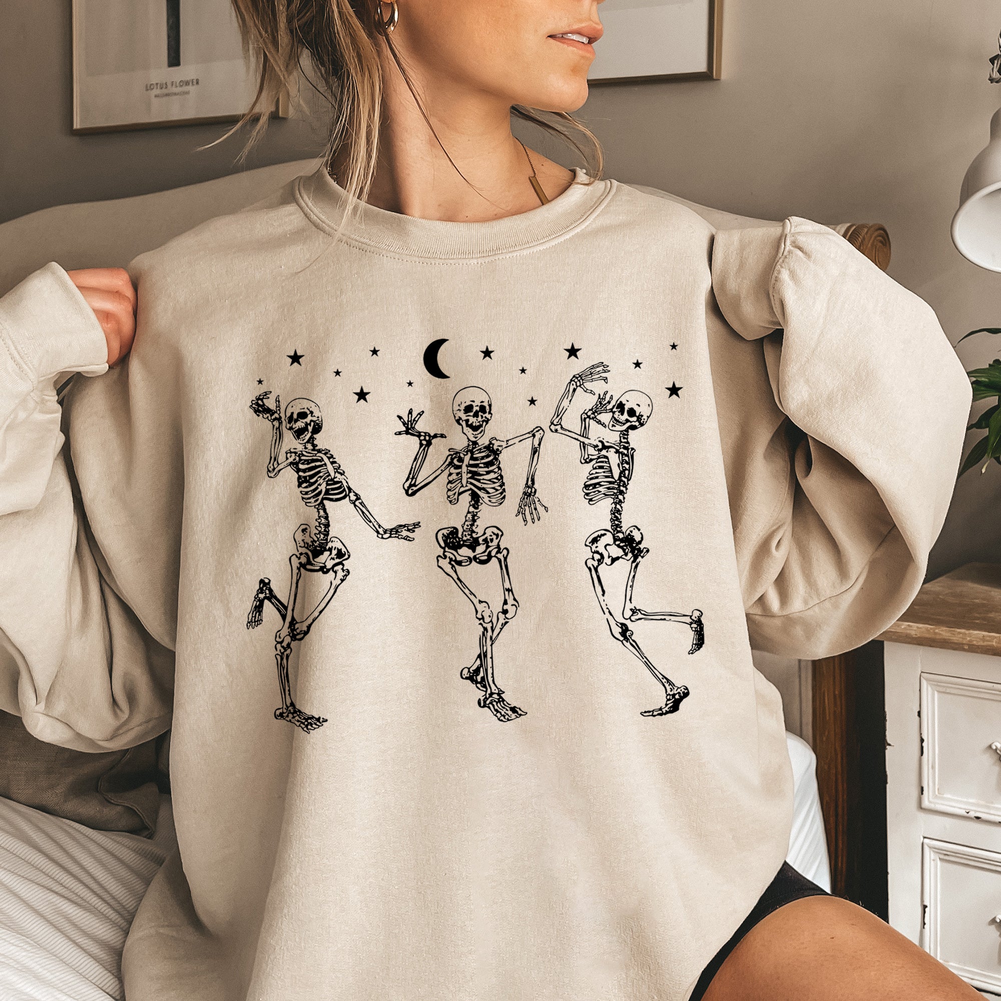Dancing Skeletons Moonlit Halloween Night Celebration Silhouette Scene Sweatshirt