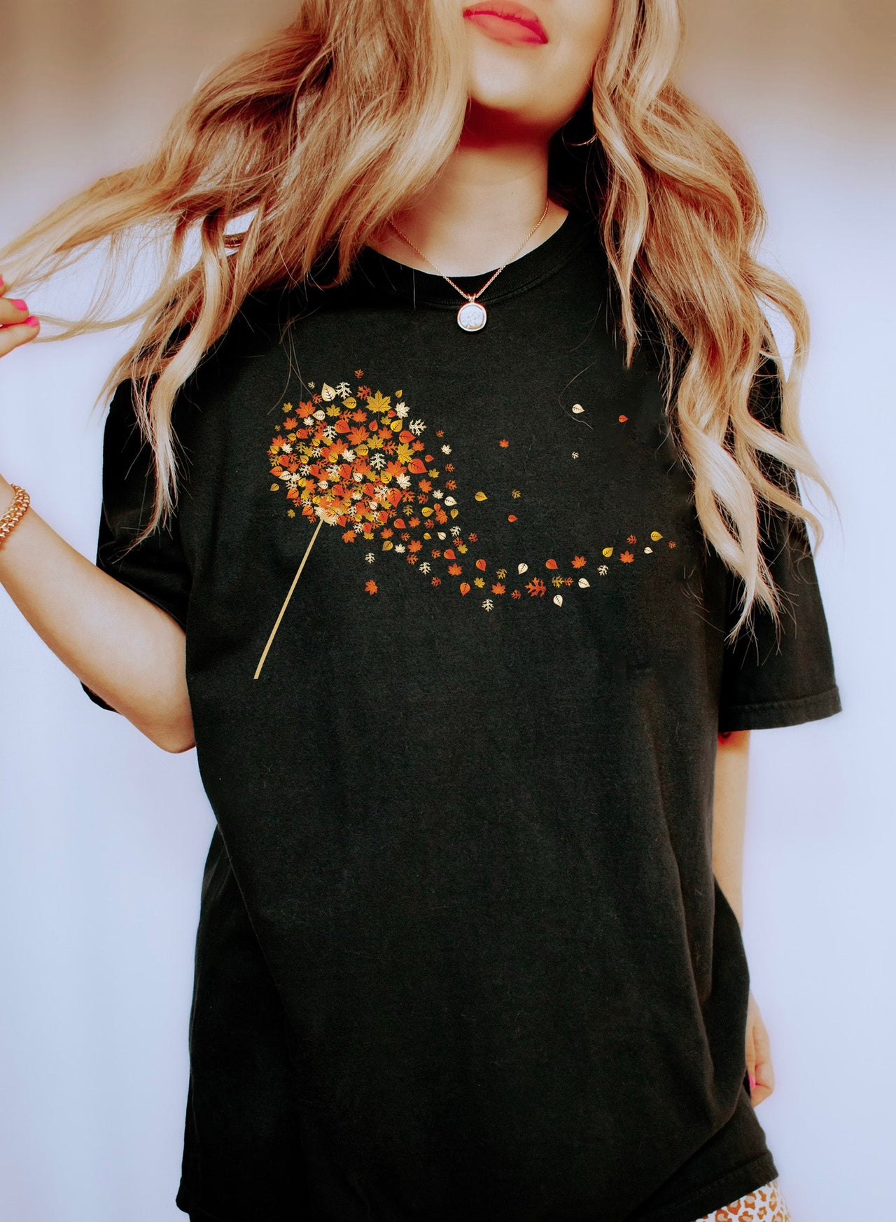 Dandelion Autumn Leaves Botanical Illustration In Warm Sunset Hues + Comfort Colors Tee