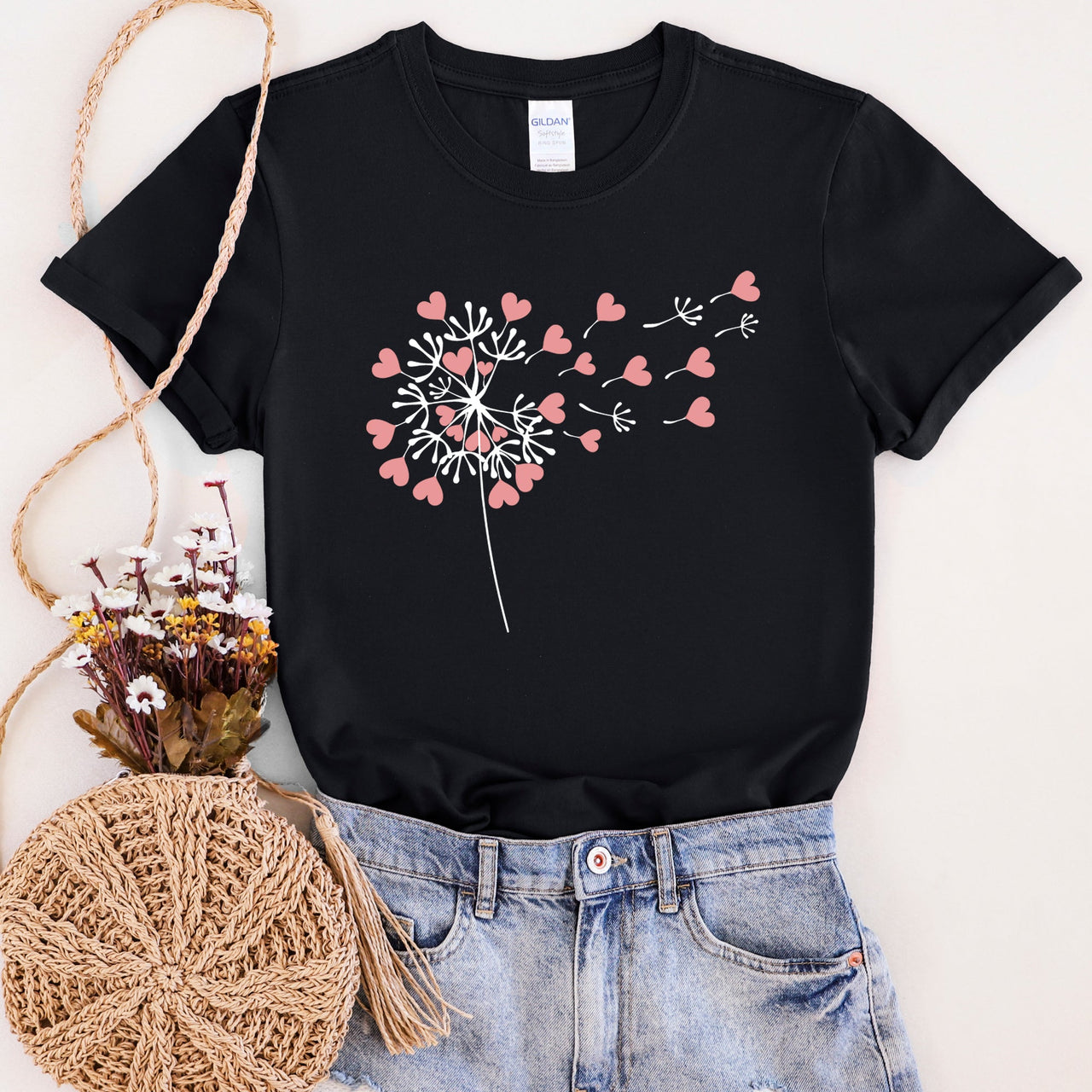 Dandelion Hearts Flower Valentine's Day Love Garden Botanical Illustration Soft Cotton Everyday Wear Graphic Tee