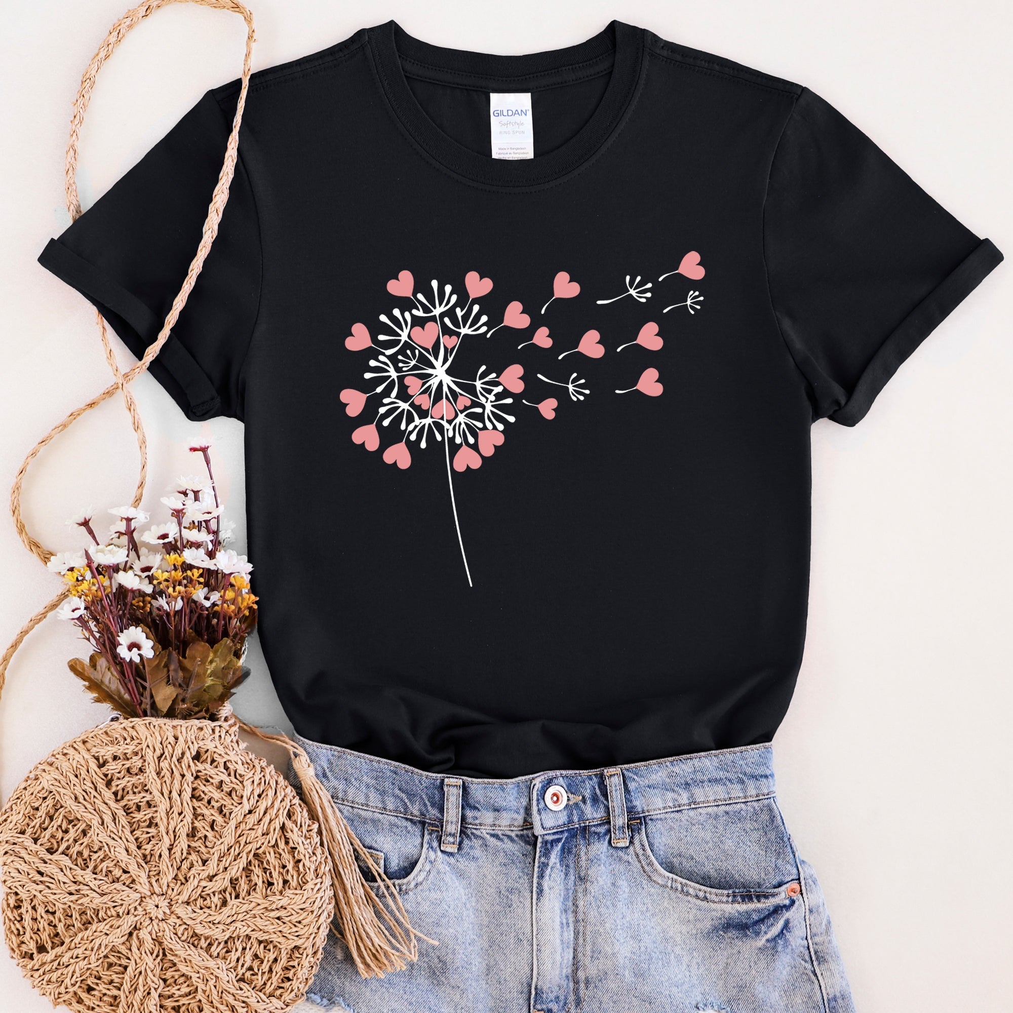 Dandelion Hearts Flower Valentine's Day Love Garden Botanical Illustration Soft Cotton Everyday Wear Graphic Tee