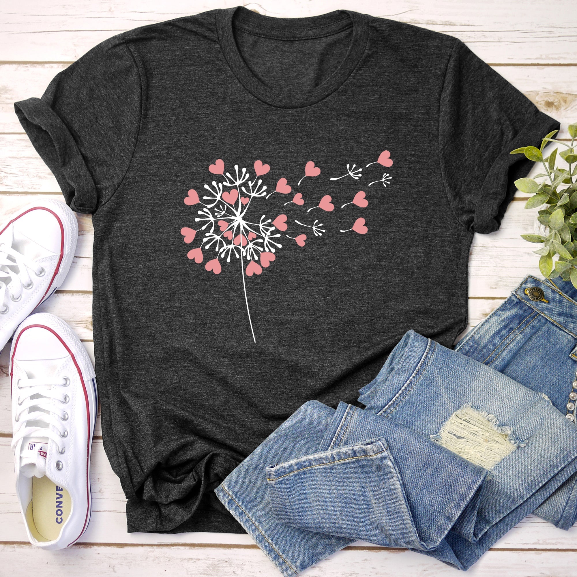 Dandelion Hearts Flower Valentine's Day Love Garden Botanical Illustration Soft Cotton Everyday Wear Graphic Tee
