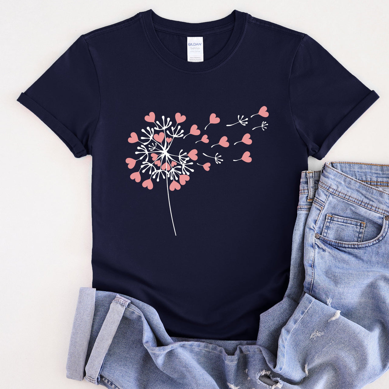Dandelion Hearts Flower Valentine's Day Love Garden Botanical Illustration Soft Cotton Everyday Wear Graphic Tee