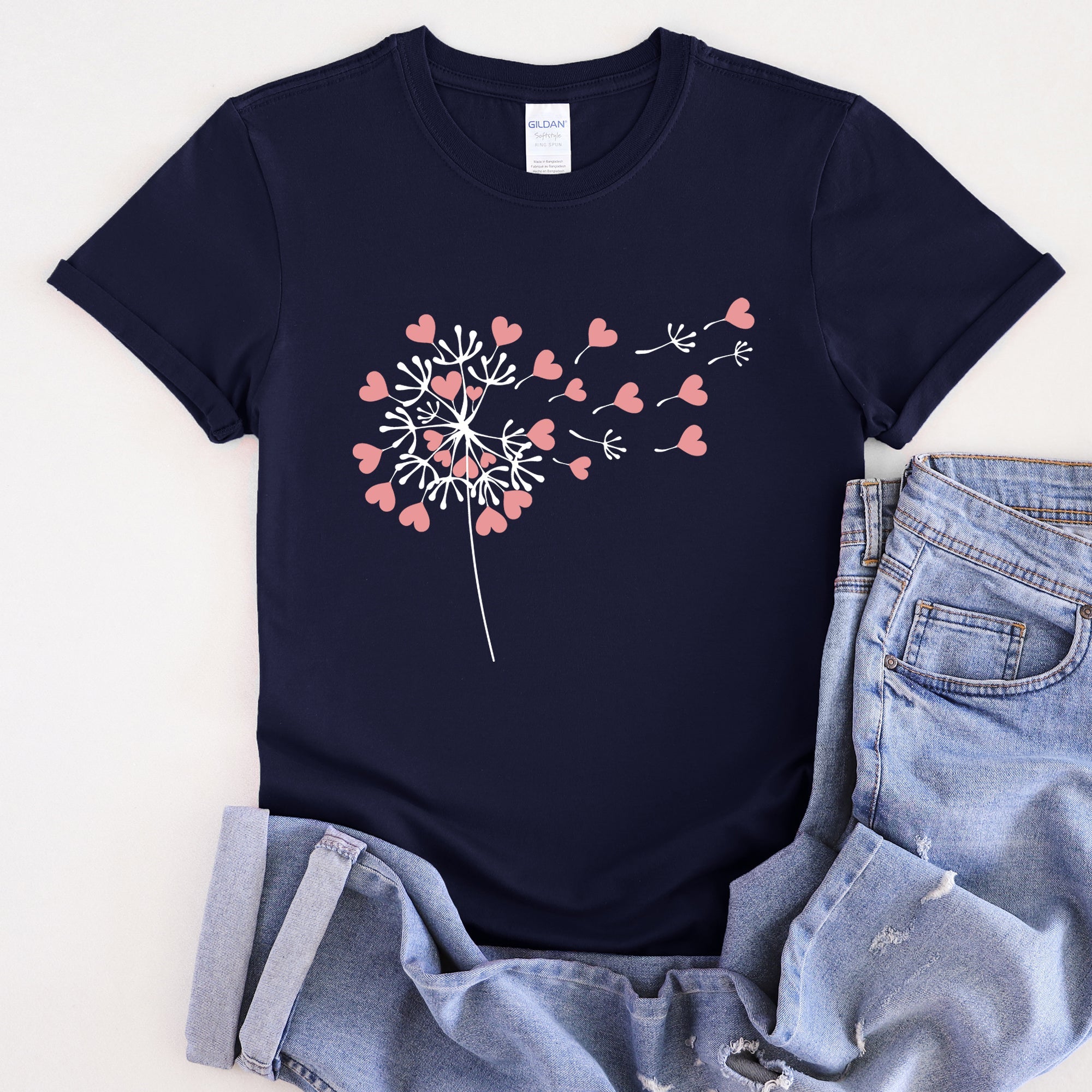 Dandelion Hearts Flower Valentine's Day Love Garden Botanical Illustration Soft Cotton Everyday Wear Graphic Tee