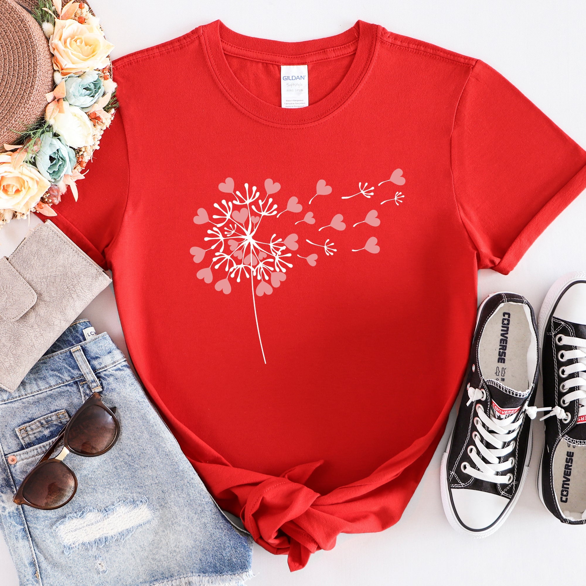 Dandelion Hearts Flower Valentine's Day Love Garden Botanical Illustration Soft Cotton Everyday Wear Graphic Tee