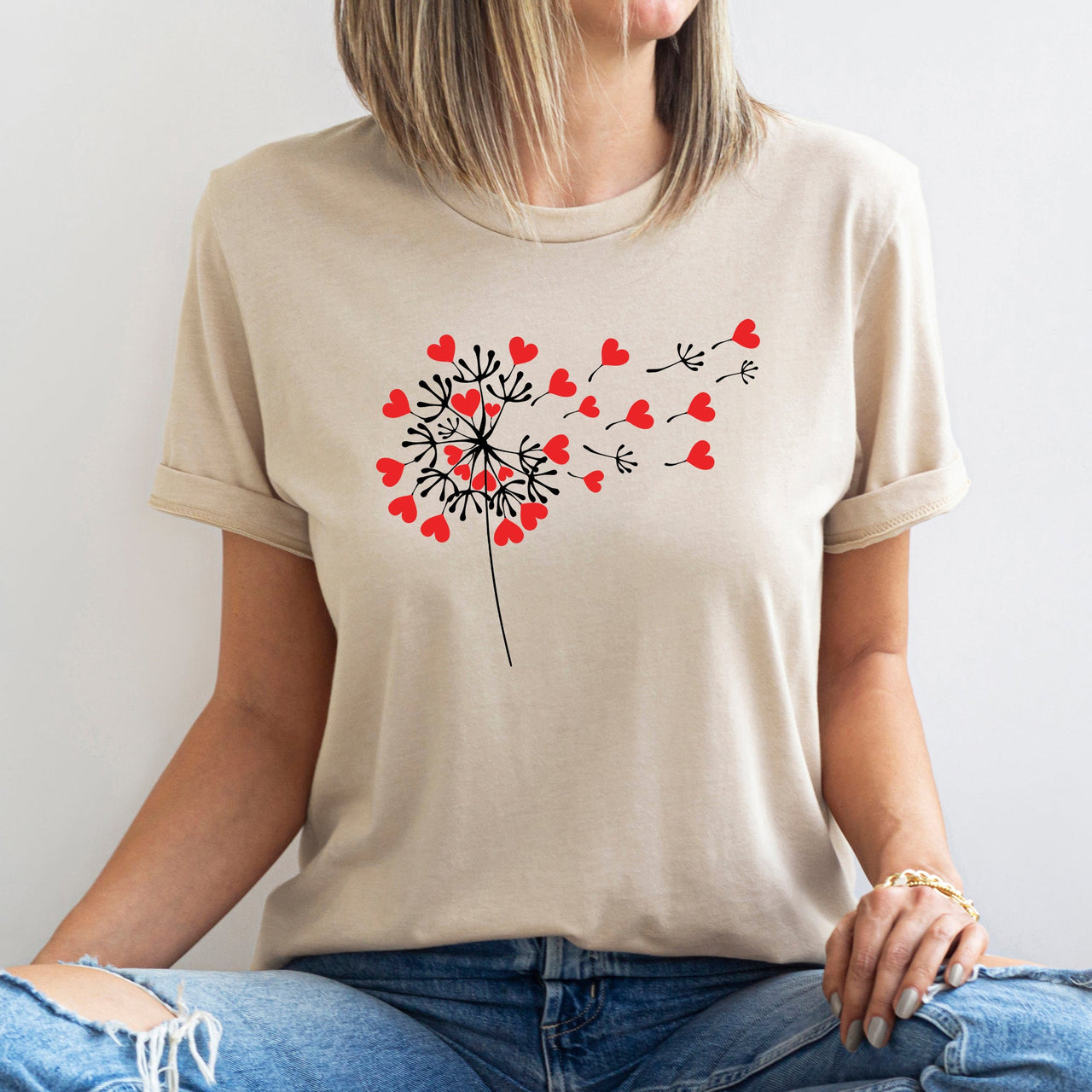 Dandelion Hearts Flower Valentine's Day Love Garden Botanical Illustration Soft Cotton Everyday Wear Graphic Tee