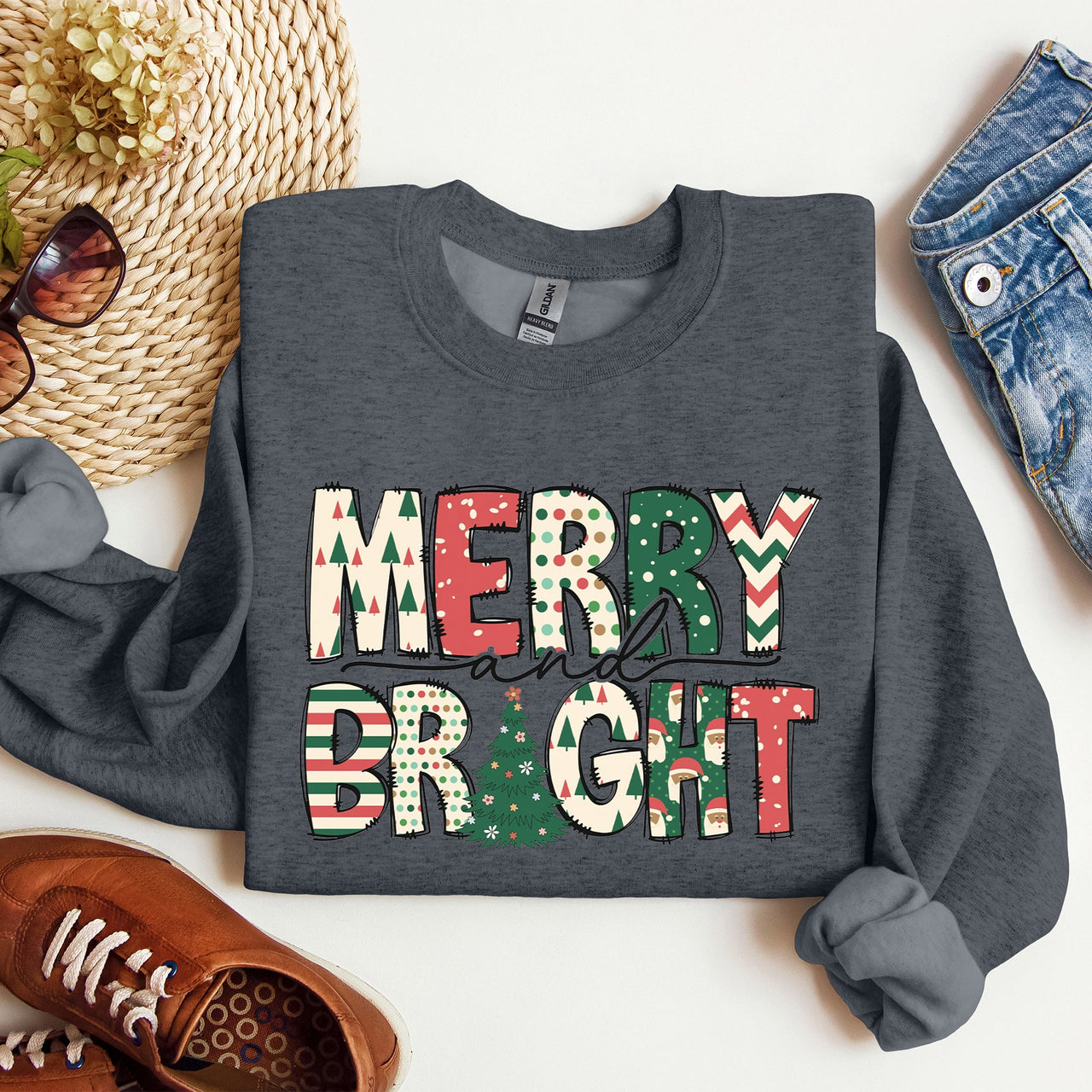 Merry And Bright Christmas Cheer Festive Holiday Lights Snowflake Motif Cozy Cotton Fleece Sweatshirt