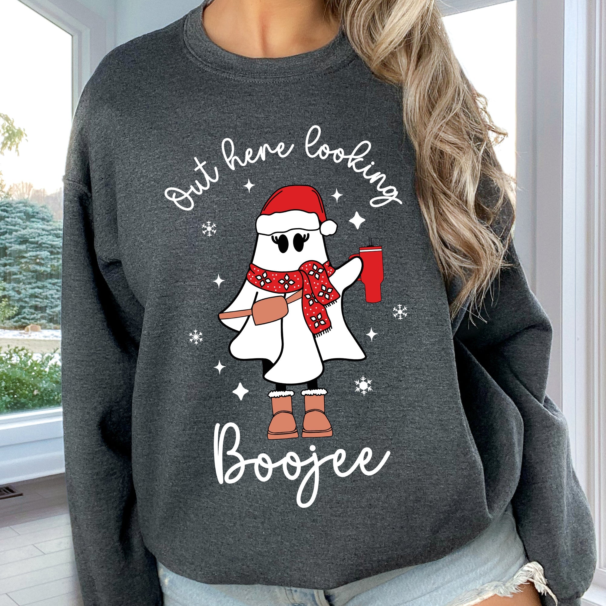 Boojee Ghost Bougie Christmas Holiday Humor Cozy Winter Wardrobe Festive Spirit Sweatshirt