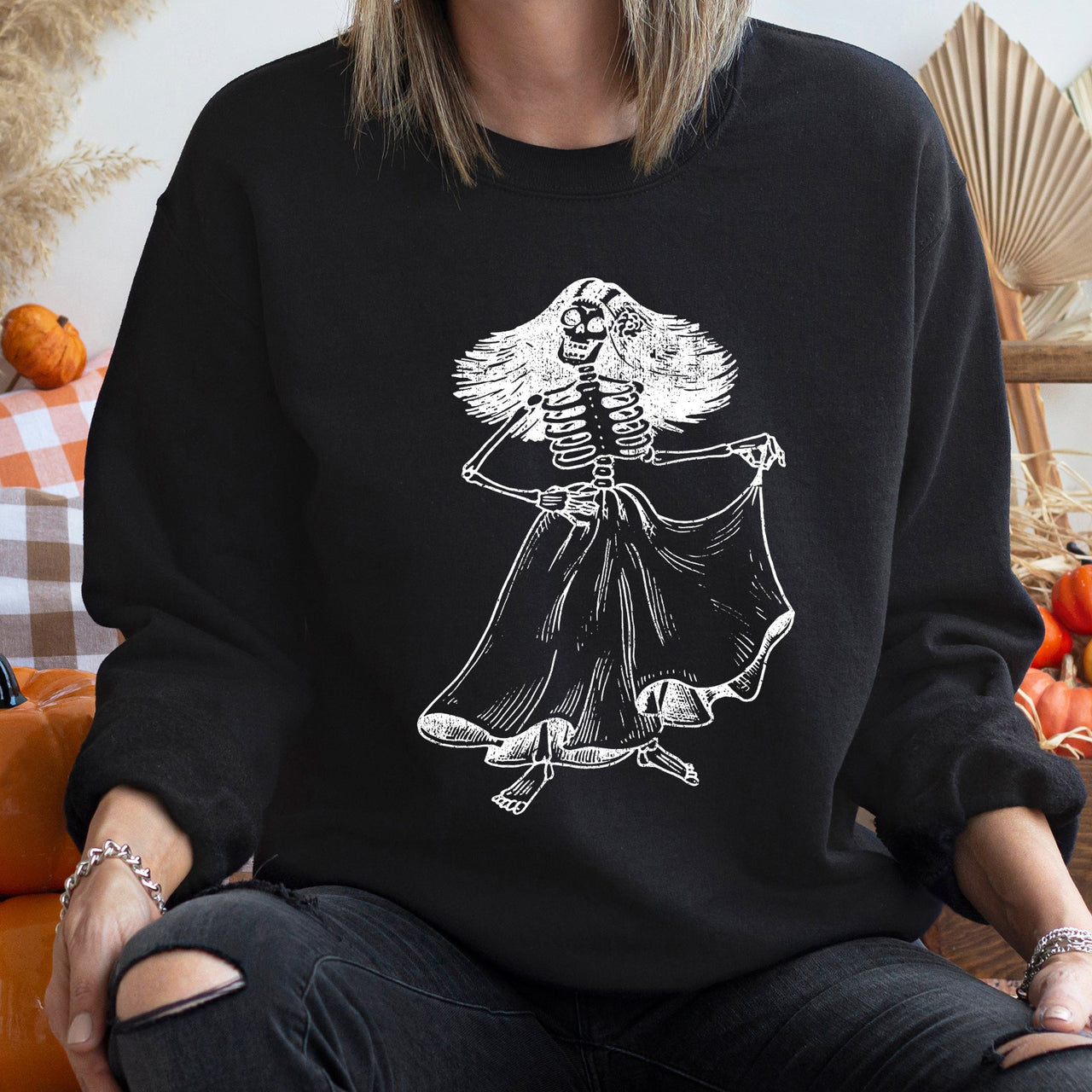 Day Of The Dead Vintage Lady Halloween Sugar Skull Portrait And Floral Motif Sweatshirt