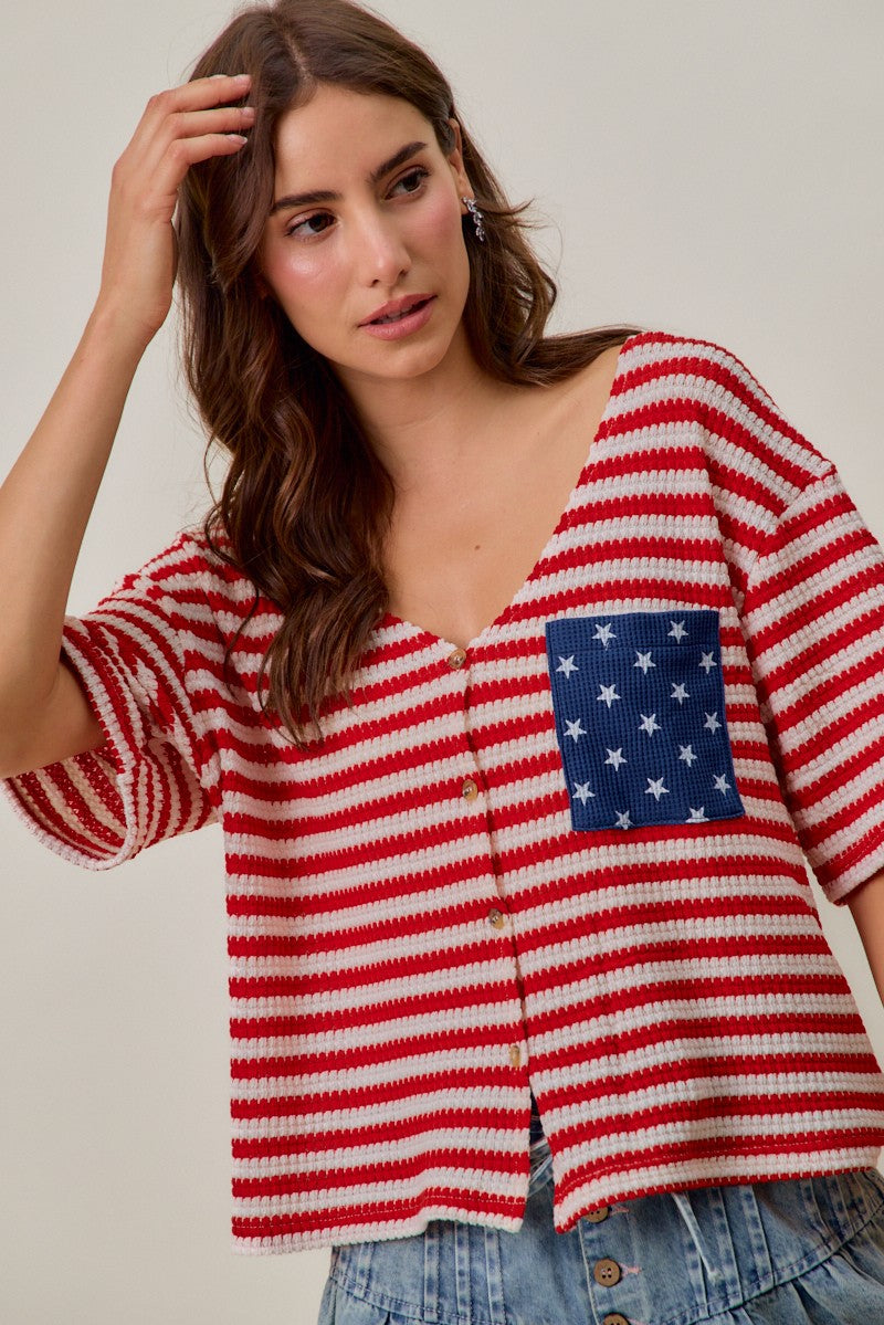 SO ME Stripe Waffle Knit Fourth Of July Cardigan Top