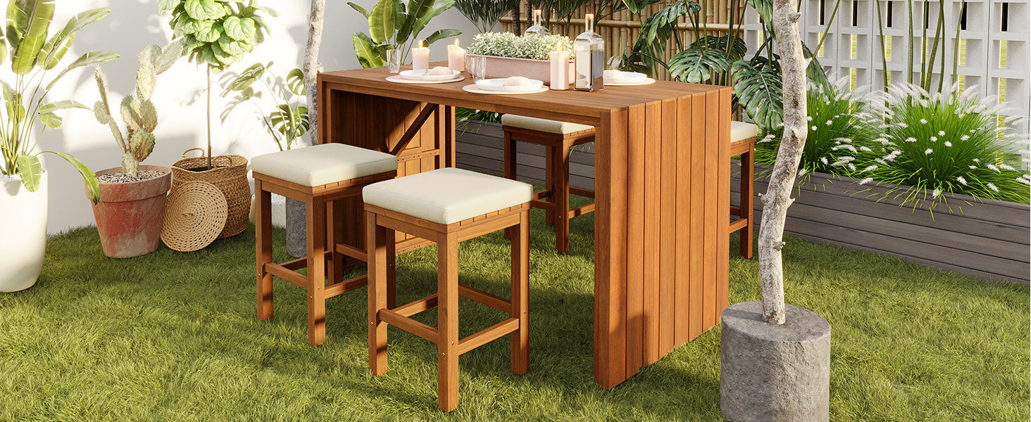 5 Piece Outdoor Bar Set, Patio Acacia Wood Bar Height Table & Four Stools with Cushions, Wood Dining Bar Set for Backyard, Poolside, Balcony, Beige Cushion and Natural Wood