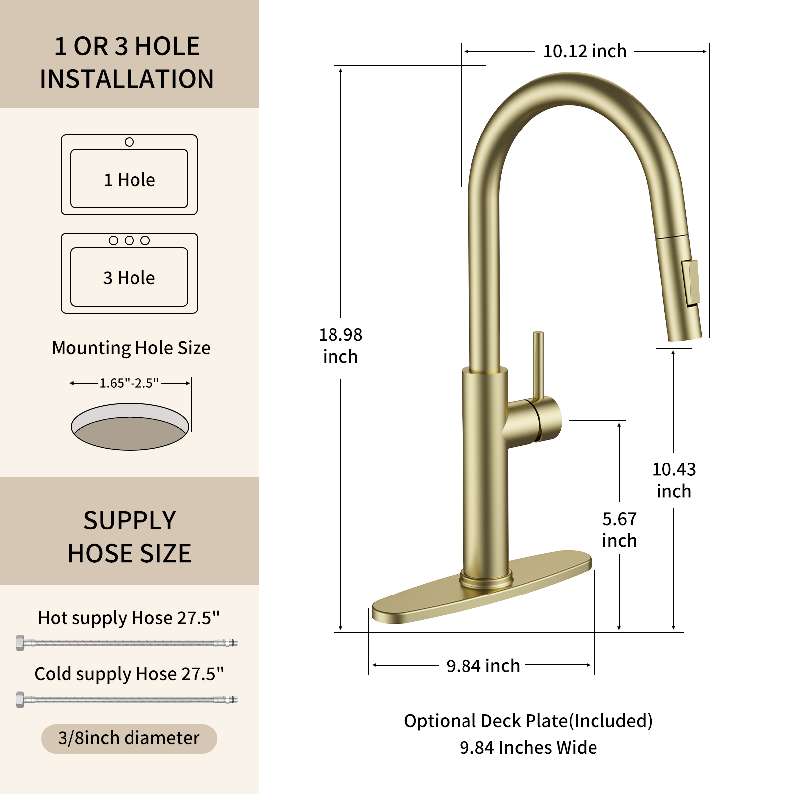 Kitchen Faucet with Pull Down Sprayer Brushed Gold