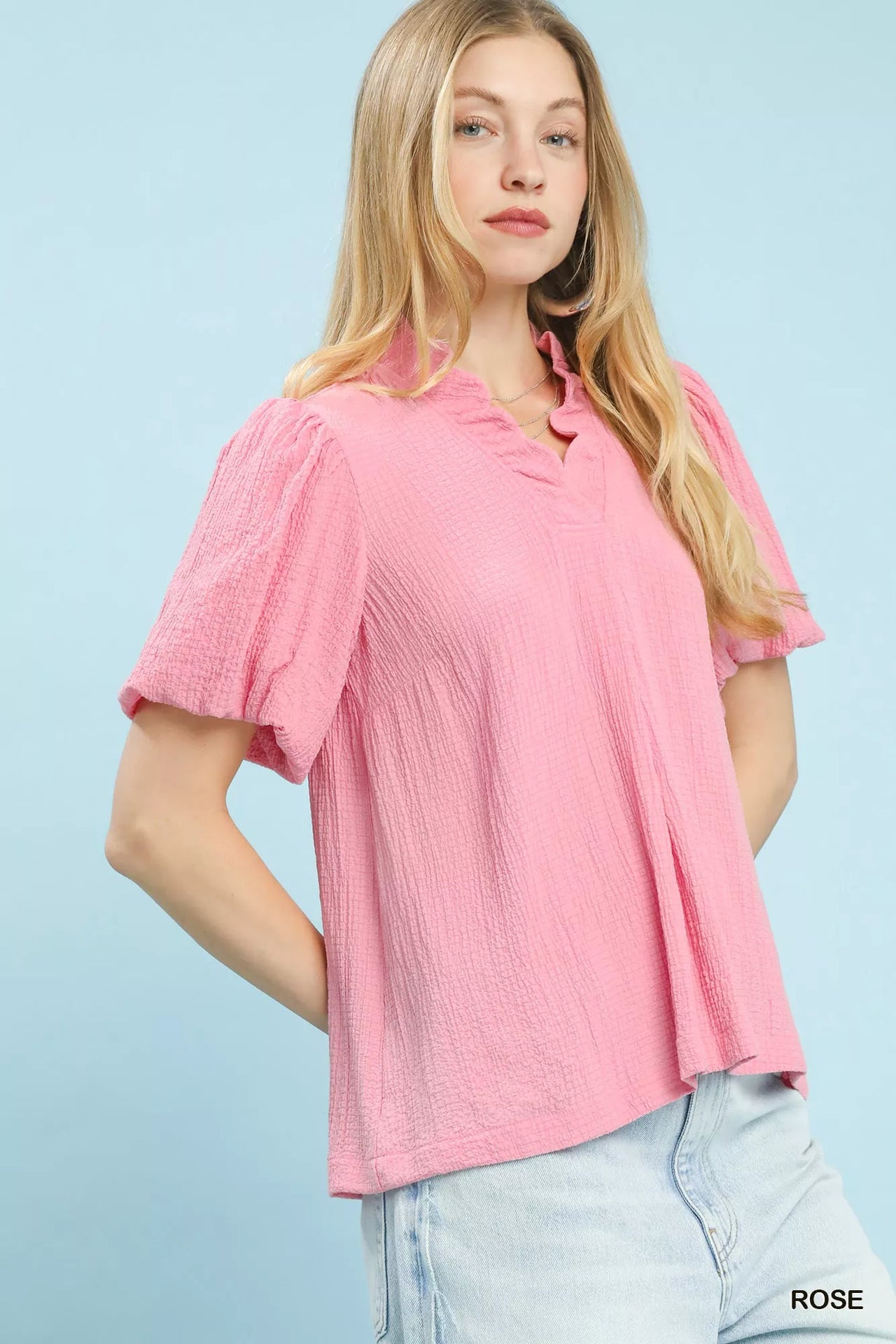 Umgee Seersucker Puff Sleeve Blouse