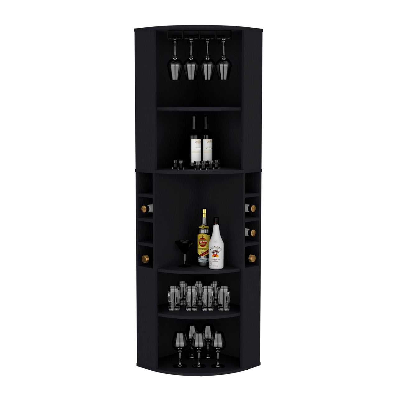 71' Corner Bar Cabinet with Five Shelves, Eight Bottle Cubbies and Stemware,Black