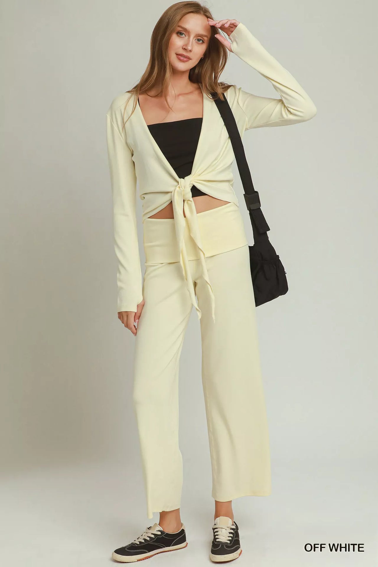 Umgee Cotton Viscose Folded Waistband Straight Leg Pants