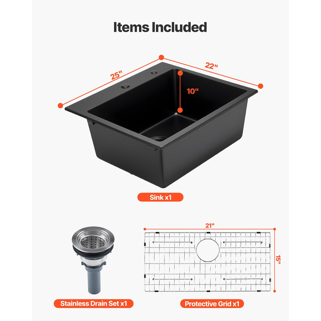 25 inch Granite Kitchen Sink Top Mount Single Bowl Drop-In Basin for RV Bar