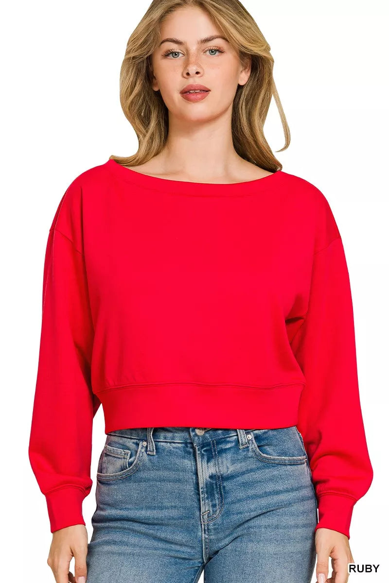 Zenana Scuba Cropped Boat Neck Pullover Sweatshirts