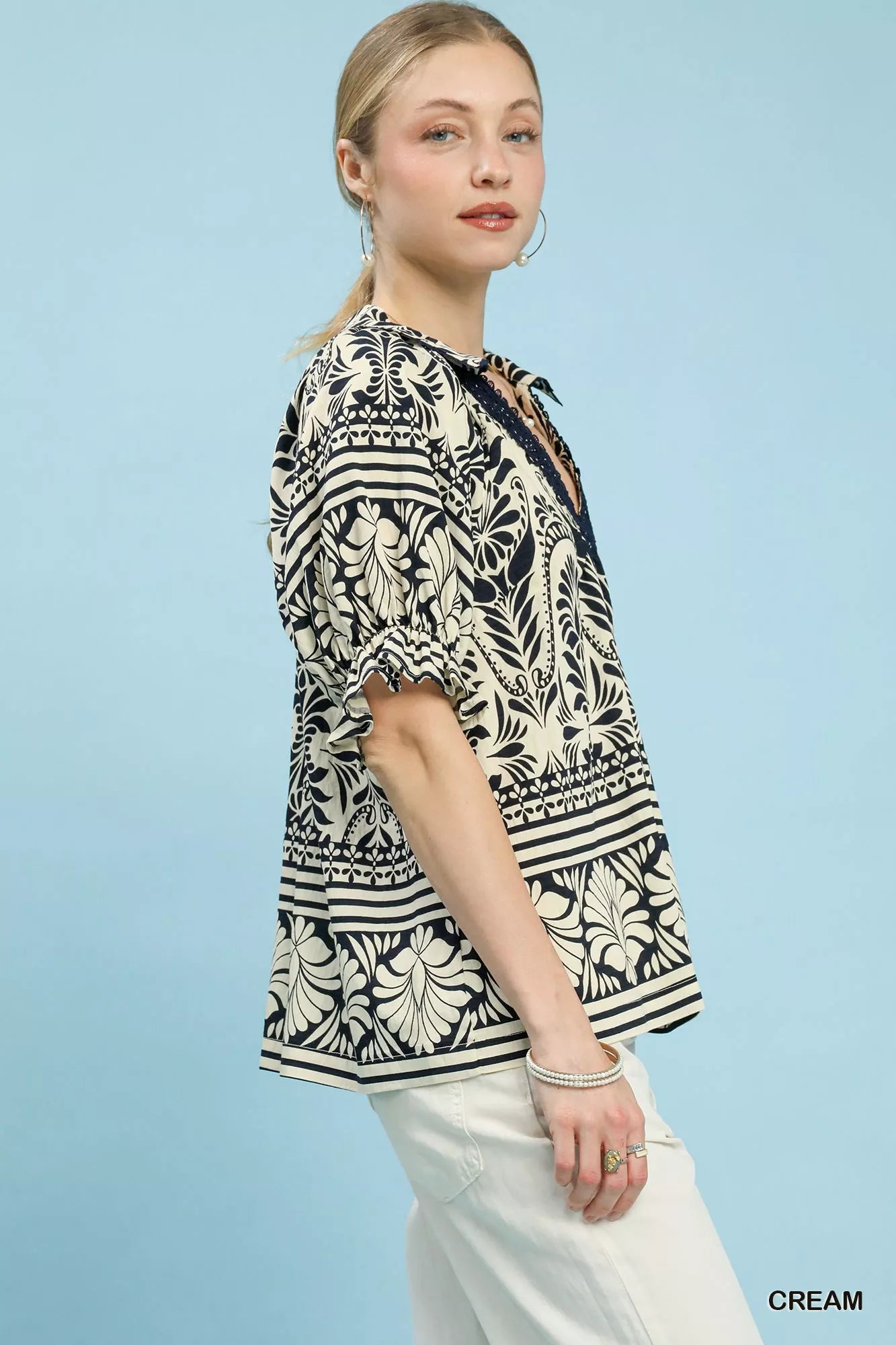 Umgee Two Tone Boarder Print Top