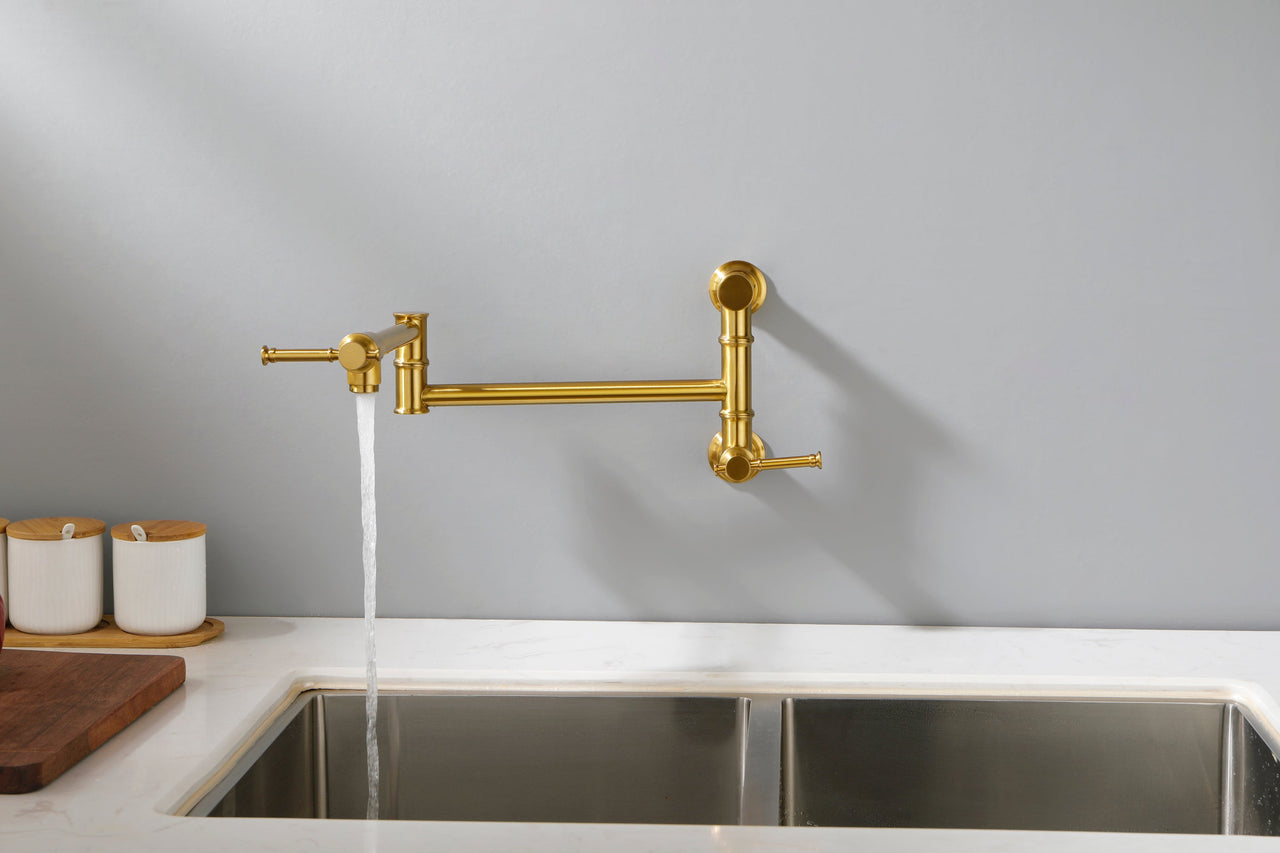 Wall mounted Pot Filler Faucet, Modern Brass Pot Filler Two-Attachment Wall Mount Folding Kitchen Pot Filler Swing Arm
