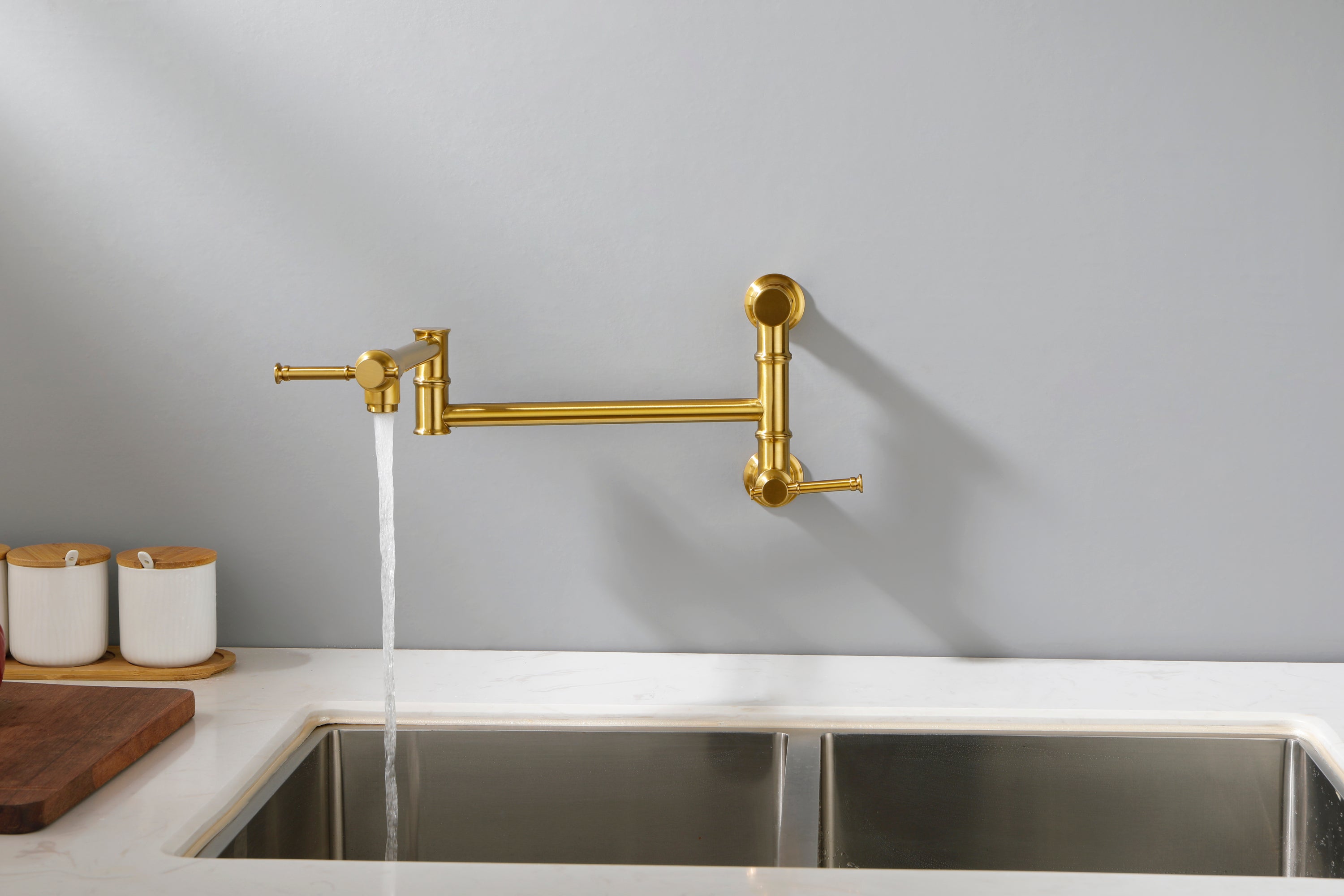 Wall mounted Pot Filler Faucet, Modern Brass Pot Filler Two-Attachment Wall Mount Folding Kitchen Pot Filler Swing Arm