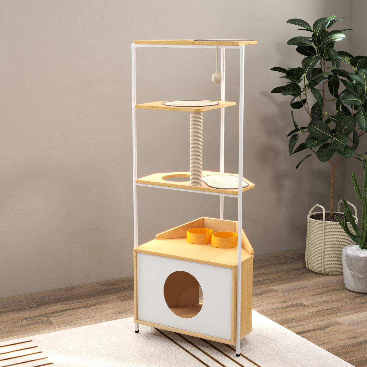 Modern Corner Cat Tower with Scratching Post, Cat Condo and Feeding Station, White and Light Oak Particle Board, 58.27-inch Height