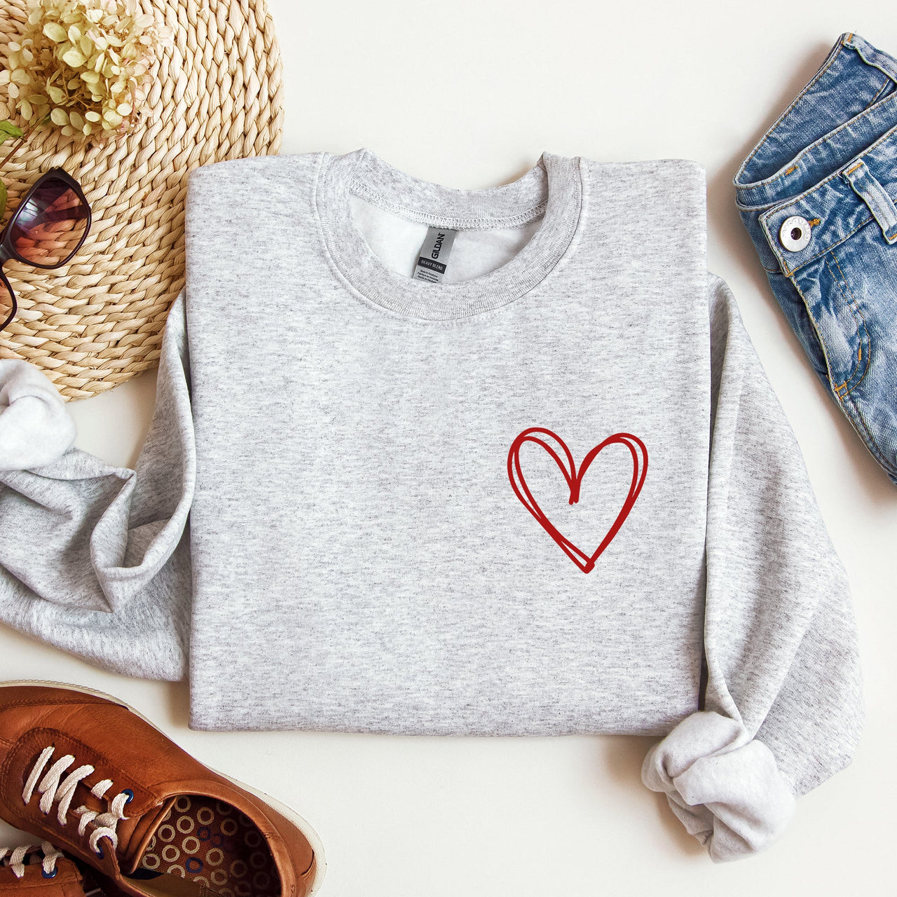 Double Heart Pocket Print Valentine's Day Cozy Brushed Fleece Premium Cotton Sweatshirt