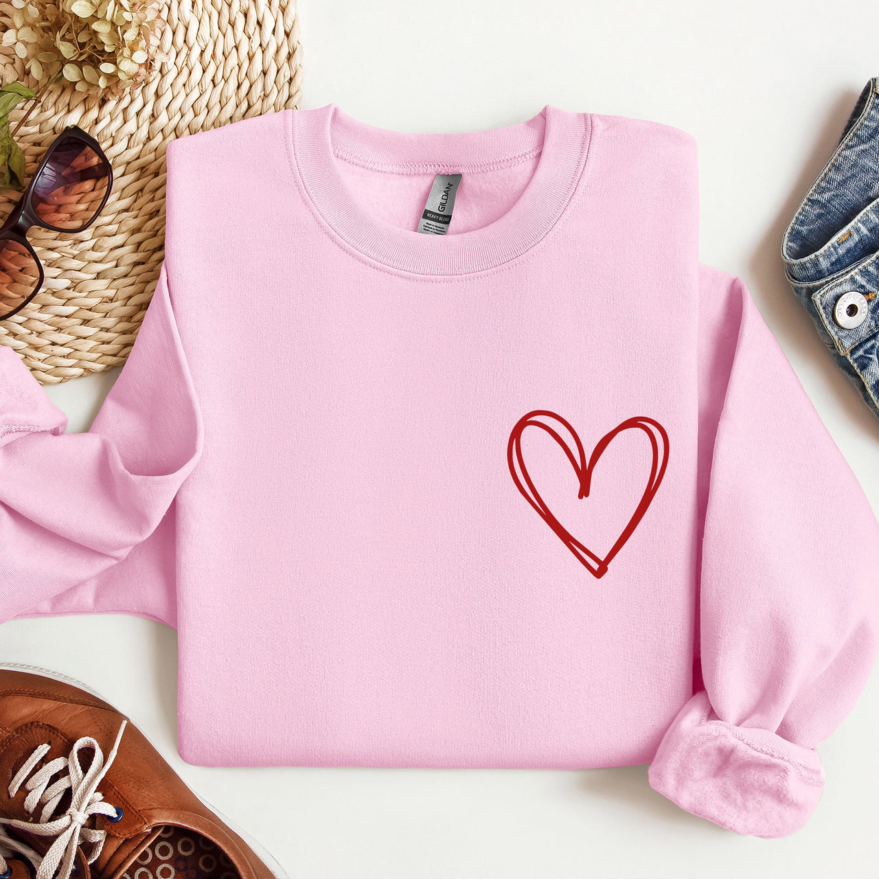 Double Heart Pocket Print Valentine's Day Cozy Brushed Fleece Premium Cotton Sweatshirt