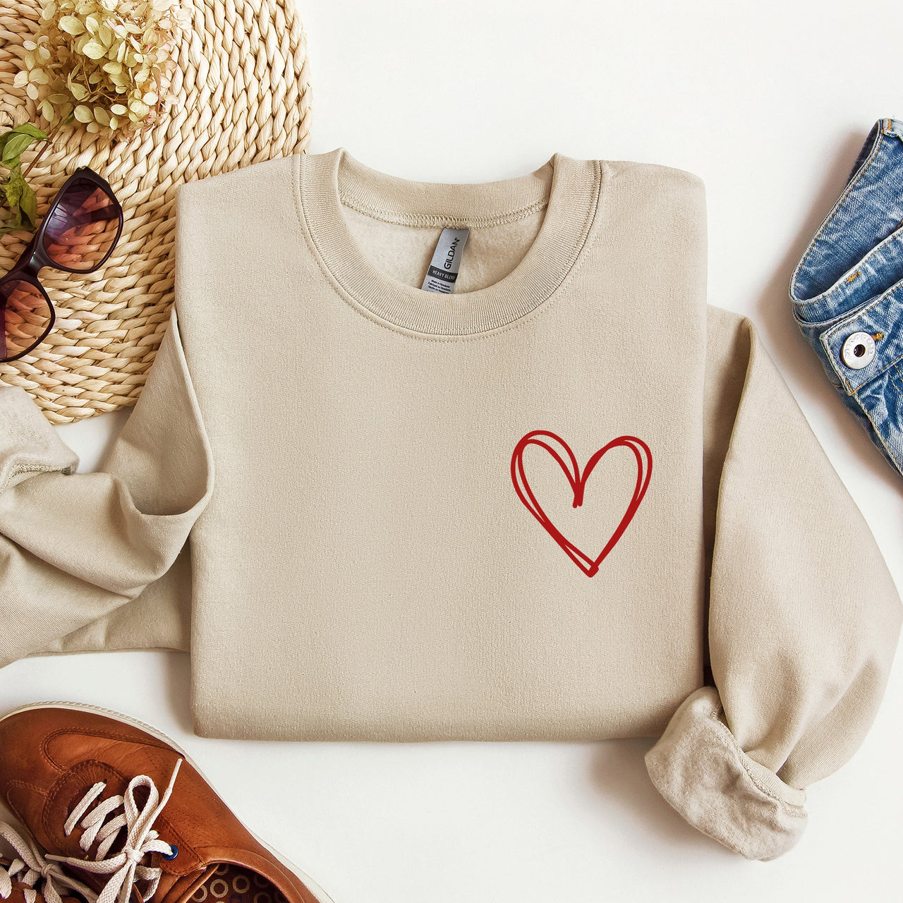 Double Heart Pocket Print Valentine's Day Cozy Brushed Fleece Premium Cotton Sweatshirt