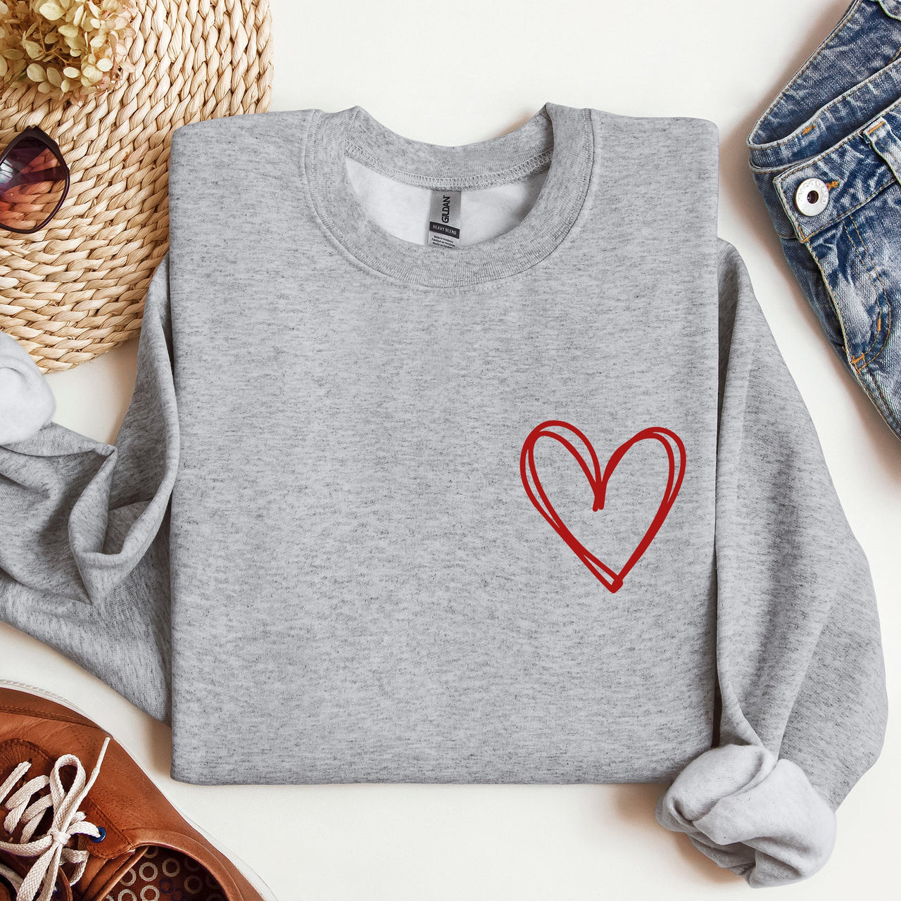 Double Heart Pocket Print Valentine's Day Cozy Brushed Fleece Premium Cotton Sweatshirt