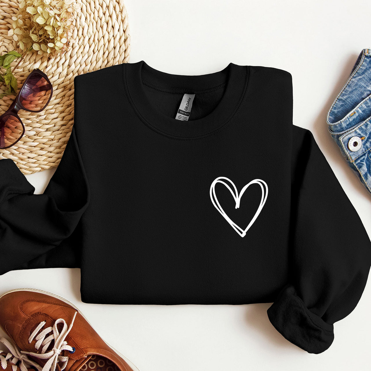 Double Heart Pocket Print Valentine's Day Cozy Brushed Fleece Premium Cotton Sweatshirt
