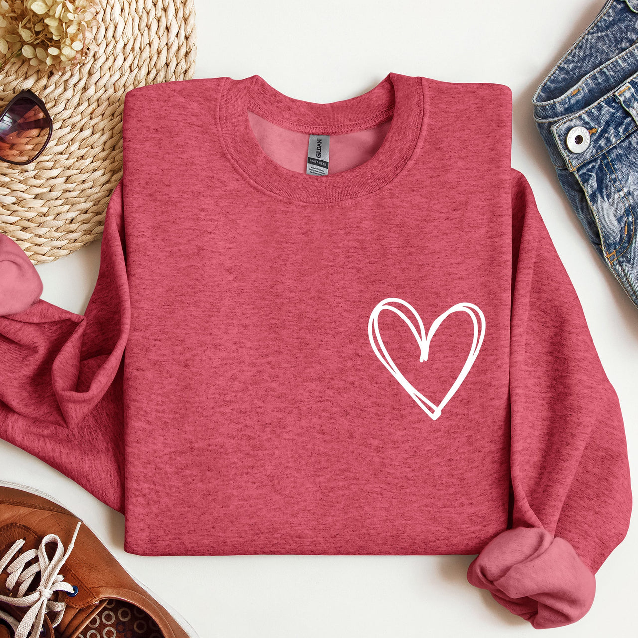 Double Heart Pocket Print Valentine's Day Cozy Brushed Fleece Premium Cotton Sweatshirt