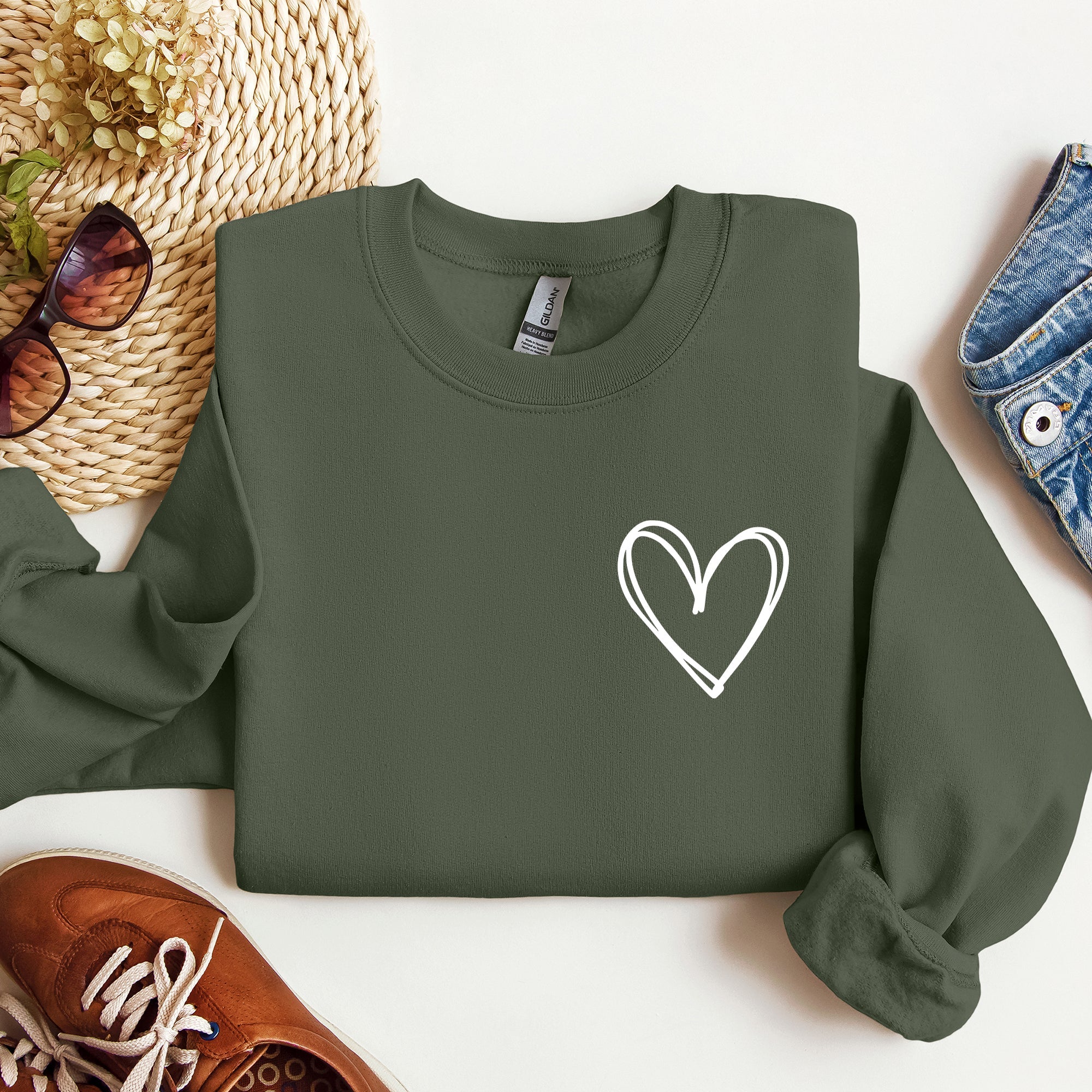 Double Heart Pocket Print Valentine's Day Cozy Brushed Fleece Premium Cotton Sweatshirt