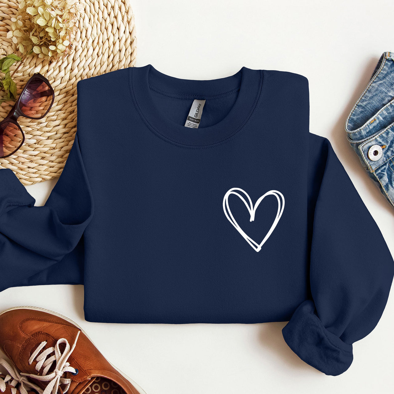 Double Heart Pocket Print Valentine's Day Cozy Brushed Fleece Premium Cotton Sweatshirt