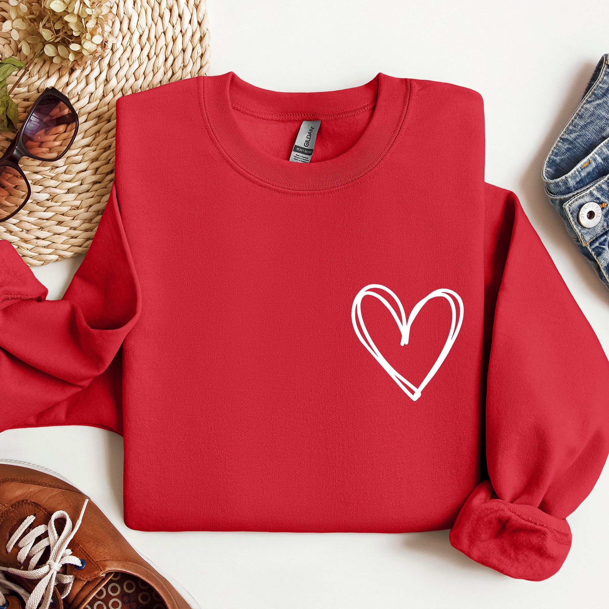 Double Heart Pocket Print Valentine's Day Cozy Brushed Fleece Premium Cotton Sweatshirt