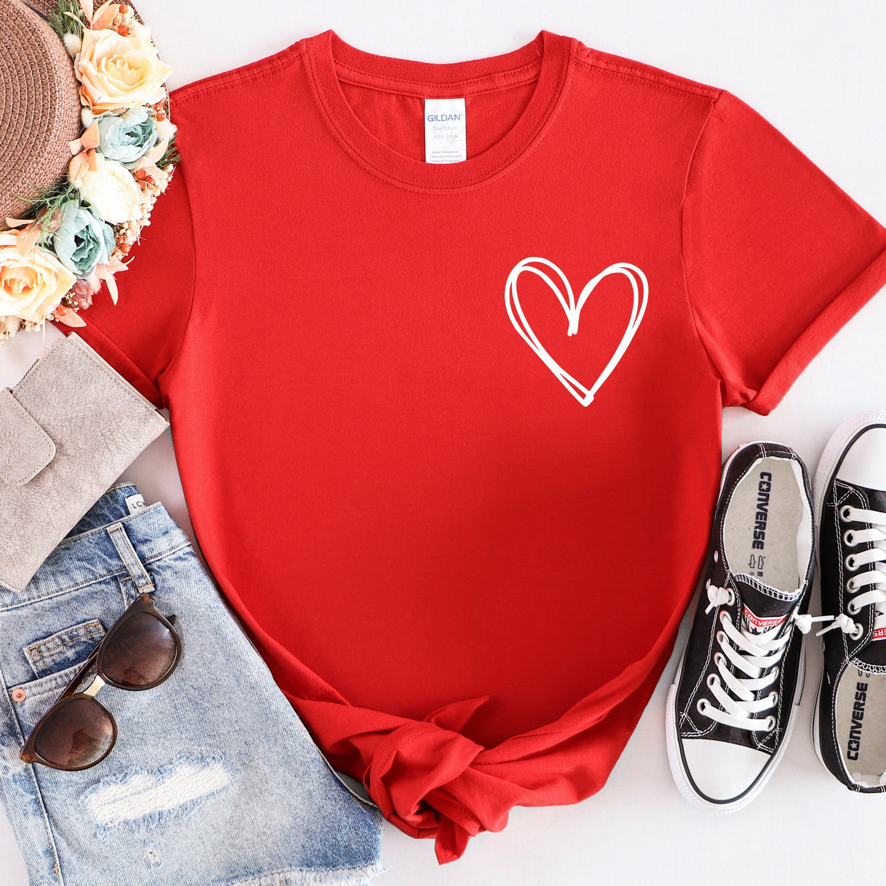 Double Heart Pocket Print Valentine's Day Edition Extra Soft Comfort Fit Graphic Tee