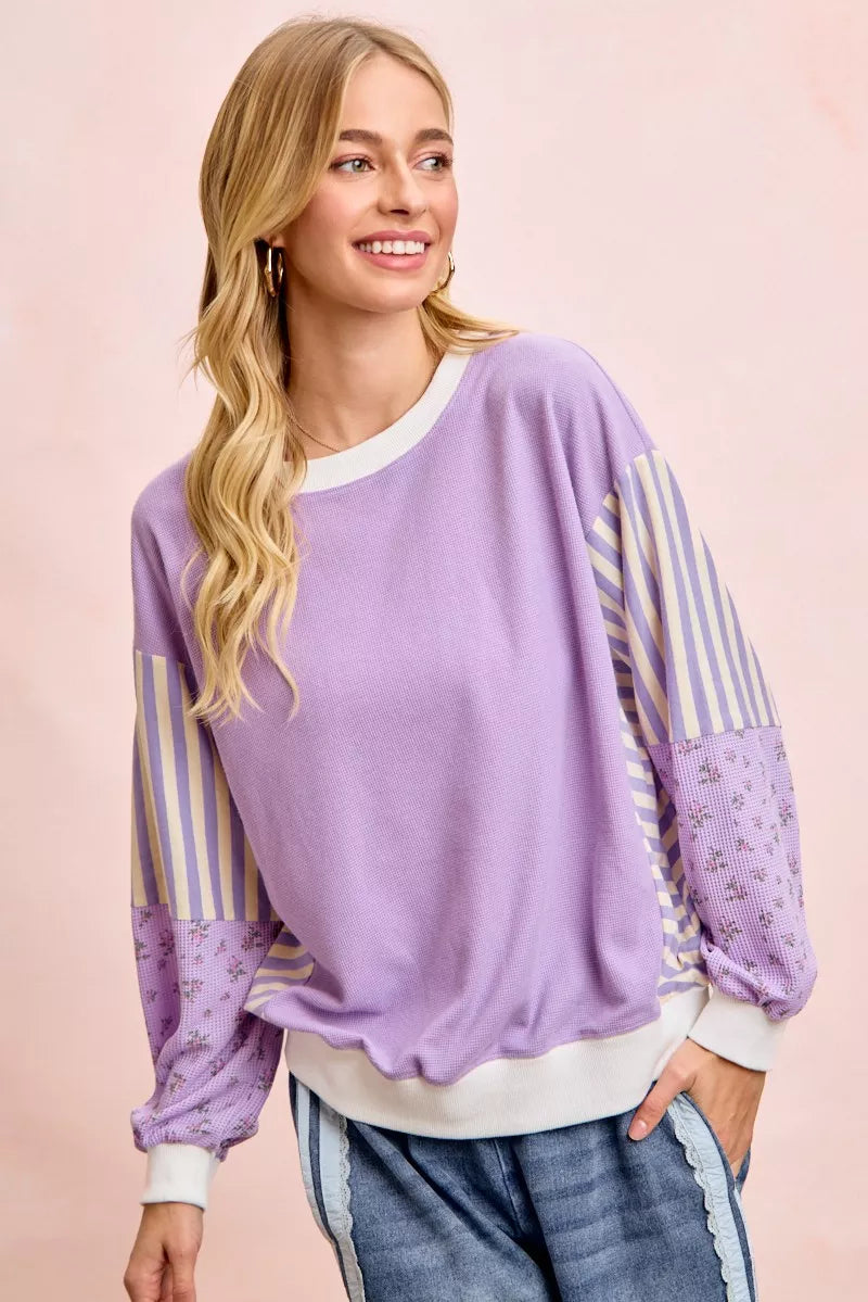 BiBi Mix and Match Sweatshirt with Floral Sleeve Striped