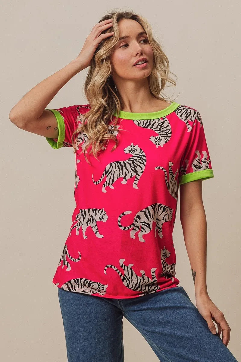 BiBi Big Tiger Print Jersey Contrast Ringer Top