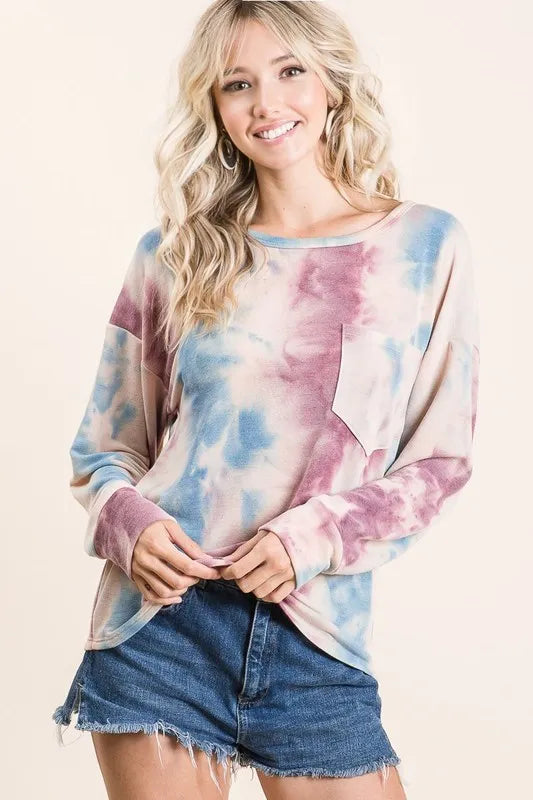 BiBi Tie Dye Print Terry Top With Front Patch Pocket