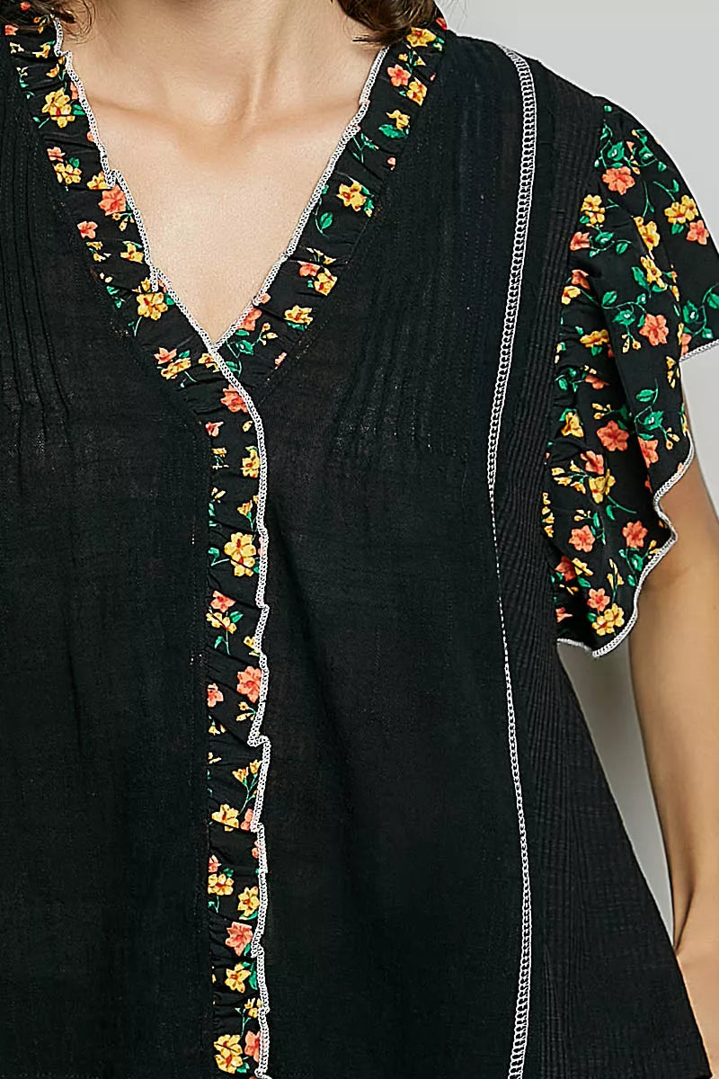POL V-Neck Floral Ruffle Sleeve Blouse