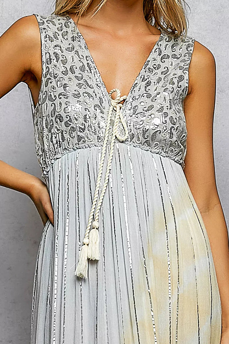 POL Deep V Sleeveless Cotton Bohemian Tiered Maxi Dress