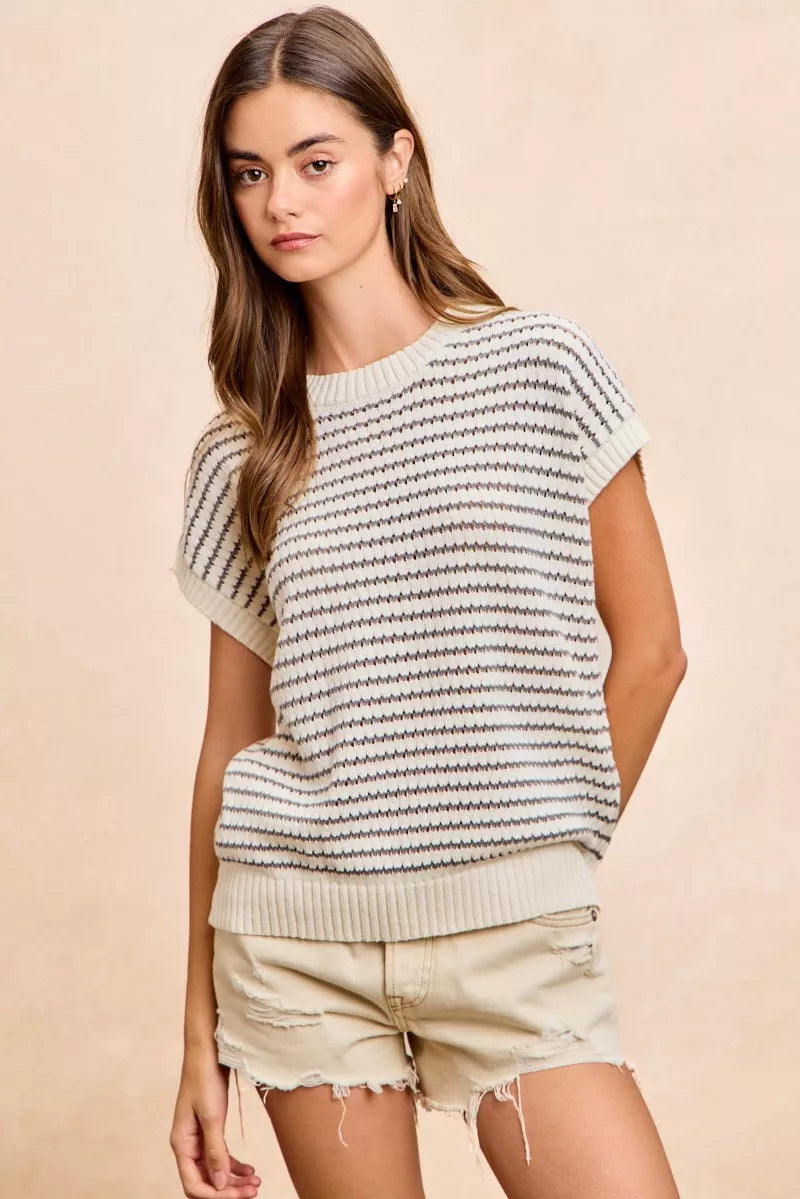 BiBi Pointelle Stripes Sleeveless Drop Shoulder Lightweight Sweater Top