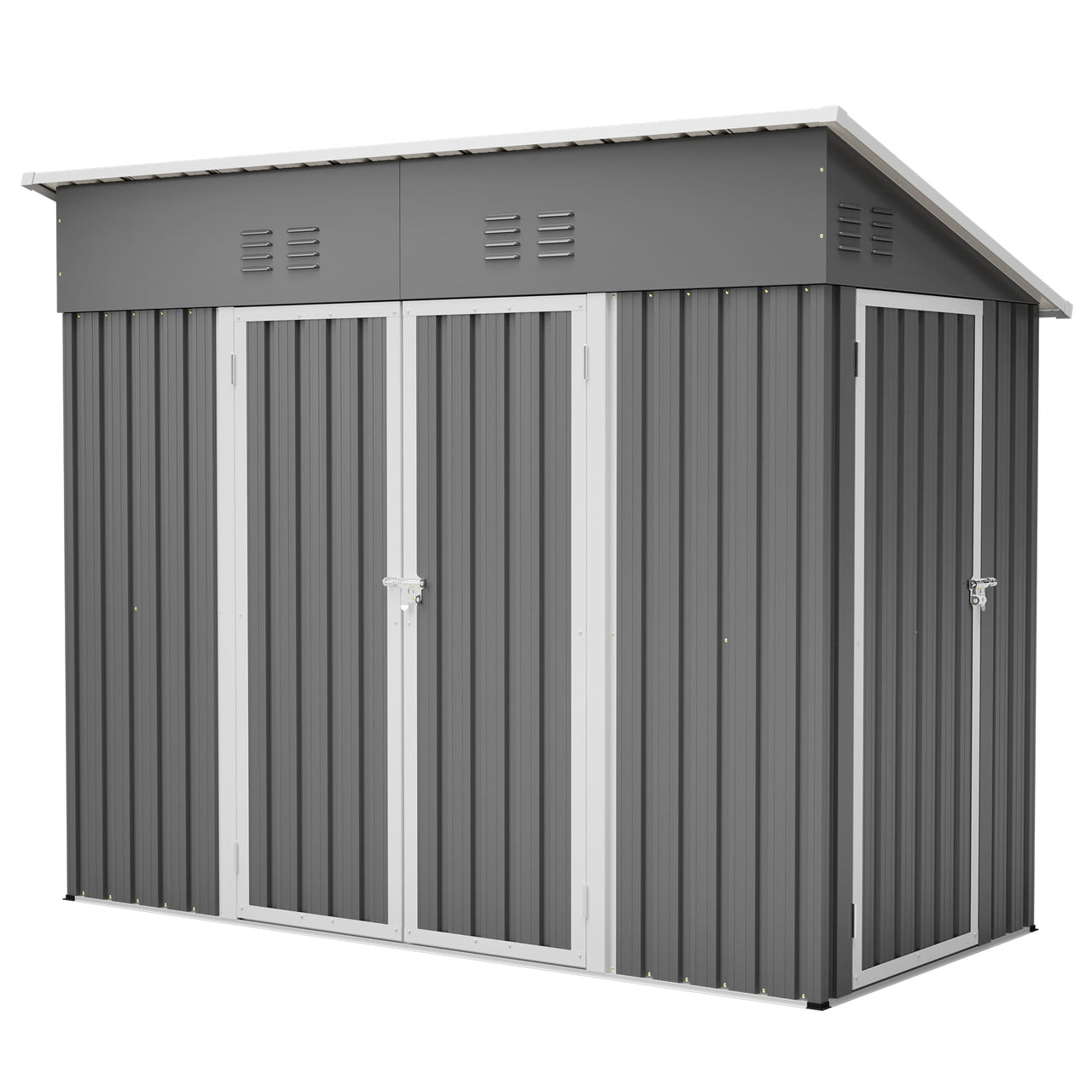 4x8 Slope-Roof Reinforced Storage Shed with Weatherproof Sloping Roof & 4 Air Vents, Heavy-Duty Sturdy Metal Frame, Left/Right Optional Door, Outdoor Tool Shed Warehouse for Garden Storage Pet House