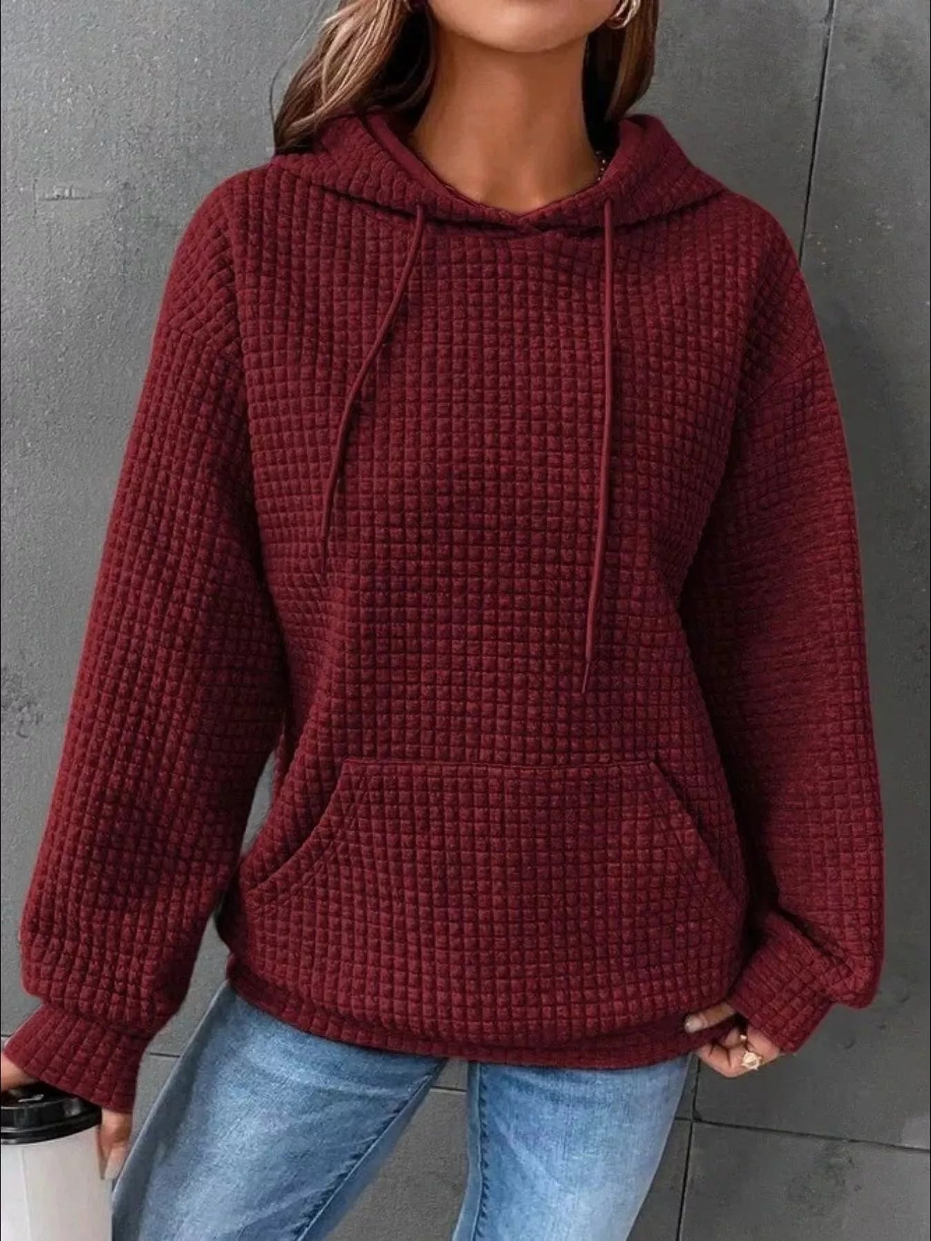 Full Size Textured Kangaroo Pocket Hoodie Plus Size
