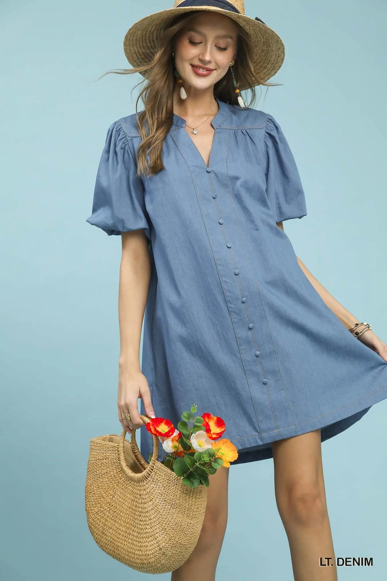 Umgee Chambray Puff Sleeve Dress