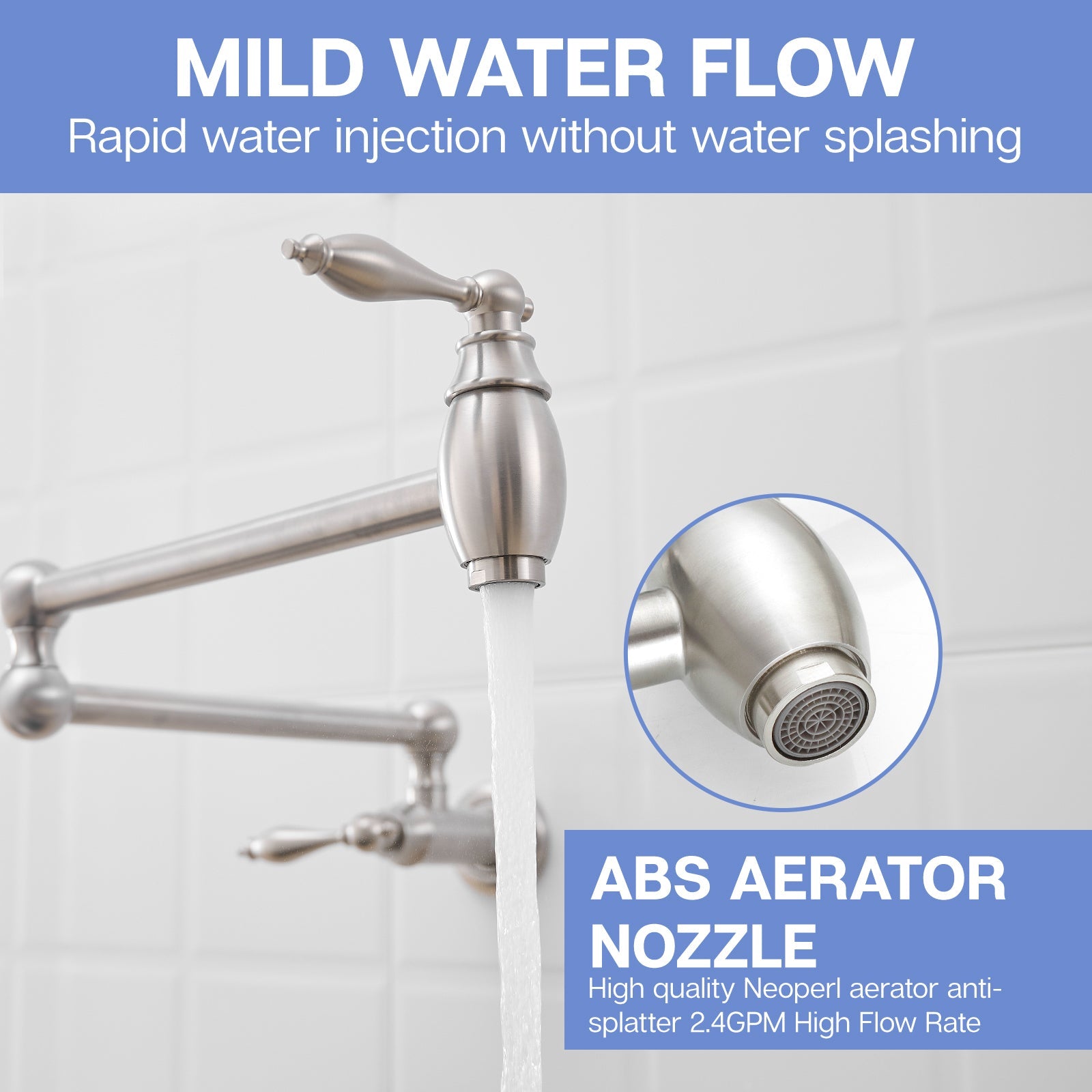 Pot Filler,Wall Mount Commercial Pot Filler Faucet,Brass Material Kitchen Folding Faucet,Coffee Machine Faucet with Stretchable Double Joint Swing Arms,Style A,Brushed Nickel