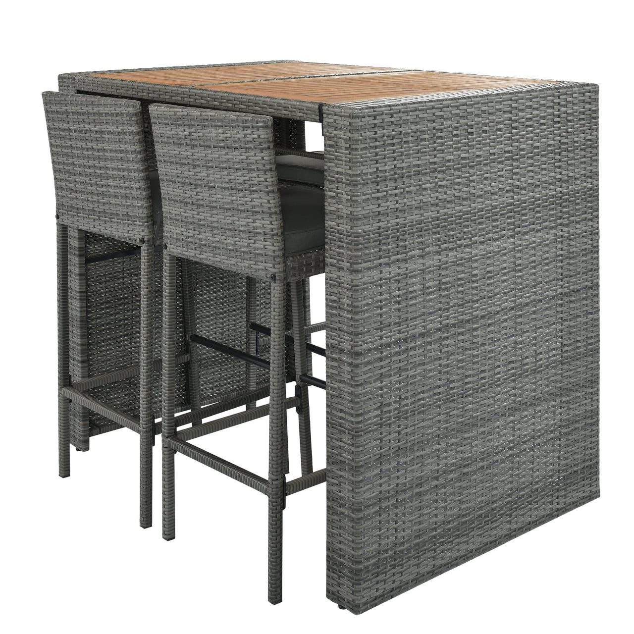 5-piece Outdoor Patio Wicker Bar Set, Bar Height Chairs With Non-Slip Feet And Fixed Rope, Removable Cushion, Acacia Wood Table Top, Brown Wood And Gray Wicker