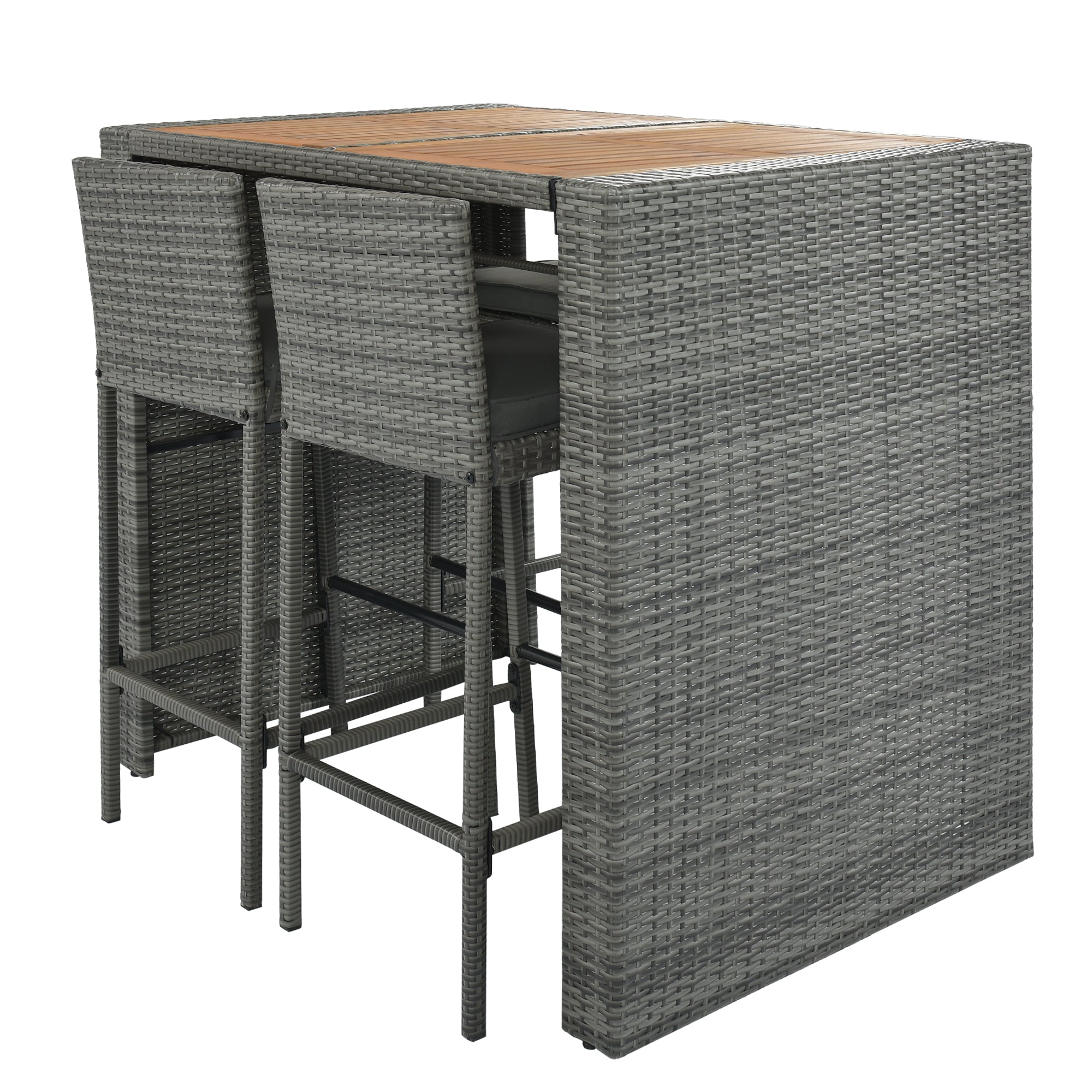 5-piece Outdoor Patio Wicker Bar Set, Bar Height Chairs With Non-Slip Feet And Fixed Rope, Removable Cushion, Acacia Wood Table Top, Brown Wood And Gray Wicker