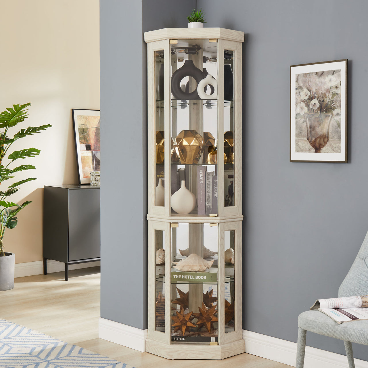 Lighted Corner Curio Cabinet - Display Case for Living Room, Antique Collectibles, Wine & Bar Glass Storage - Elegant Corner Design with Lights Included- White