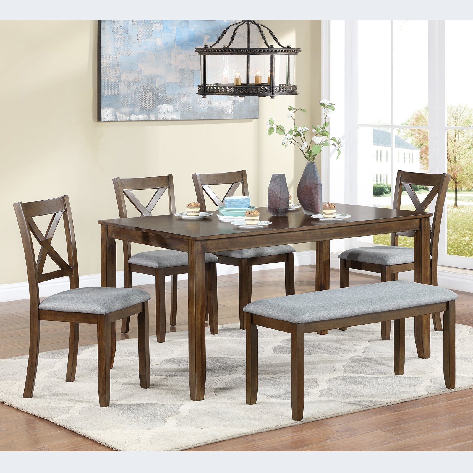 6PCs Kitchen Dining Set, Rectangular Wooden Dining Table with 4 Upholstered Chairs and a Bench, Dining Table Set for 6 People, Living Room, Home Bar and Kitchen, Walnut