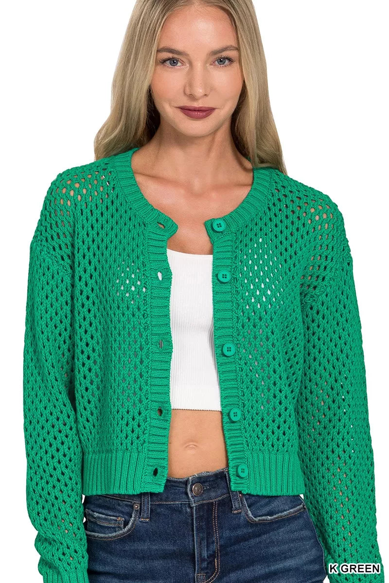 Zenana Button Down Lightweight Crochet Cardigan Sweater