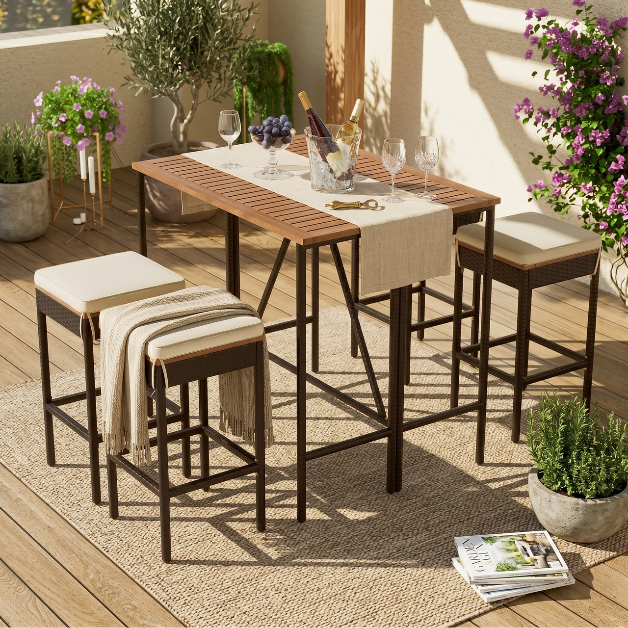 GO 5-Piece Outdoor Acacia Wood Bar Height Table And Four Stools With Cushions, Garden PE Rattan Wicker Dining Table, Foldable Tabletop, High-Dining Bistro Set, All-Weather Patio Furniture, Brown